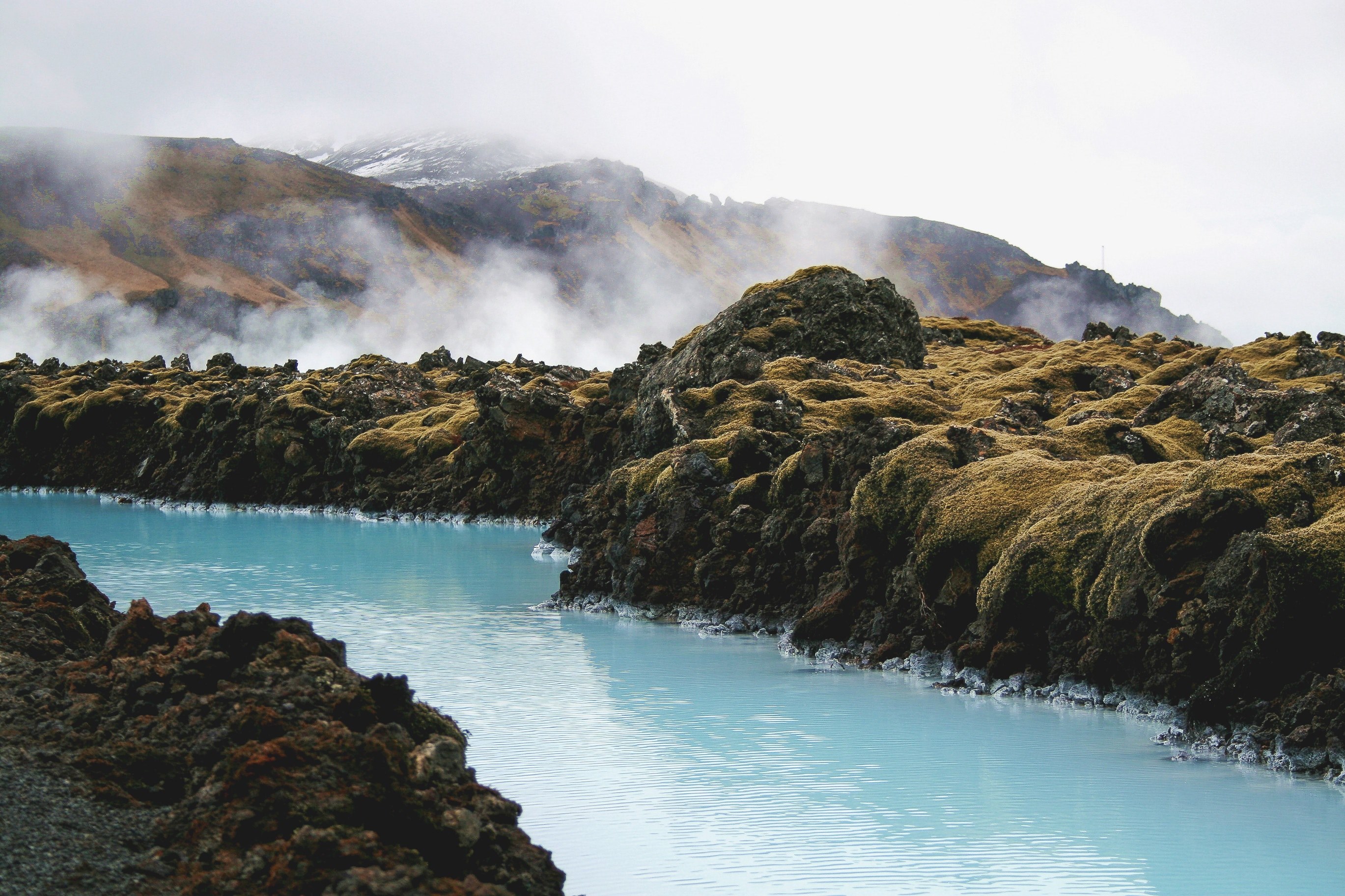 mossy hillsides line the blue lagoon on a foggy day, misty blue lagoon 4k, HD Wallpaper