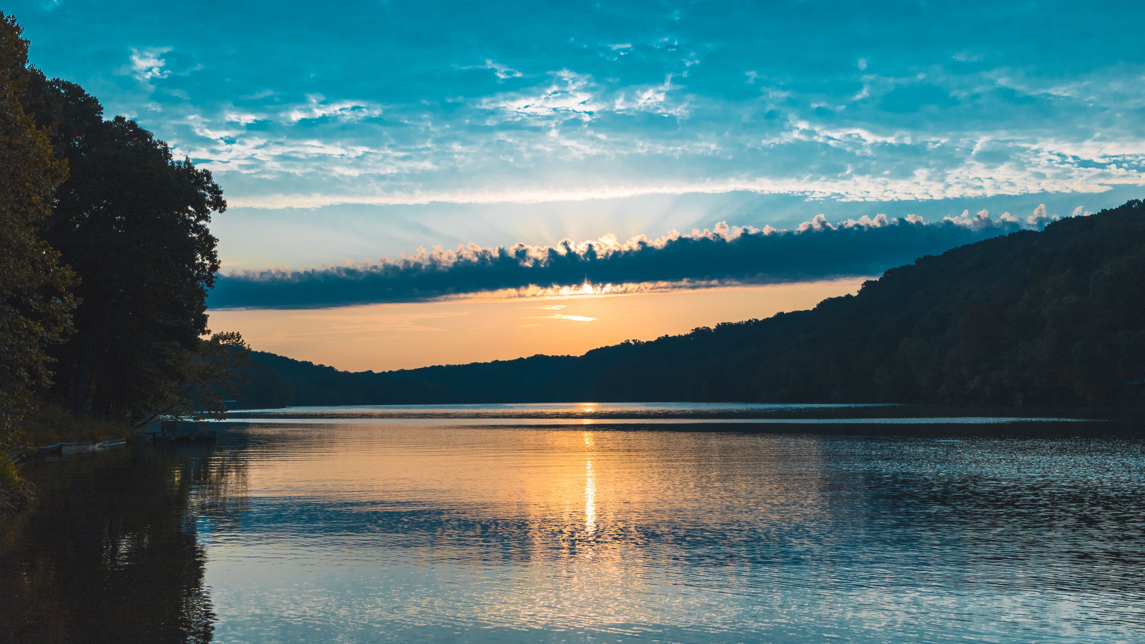 river, sunset, trees, clouds, 4k, HD Wallpaper