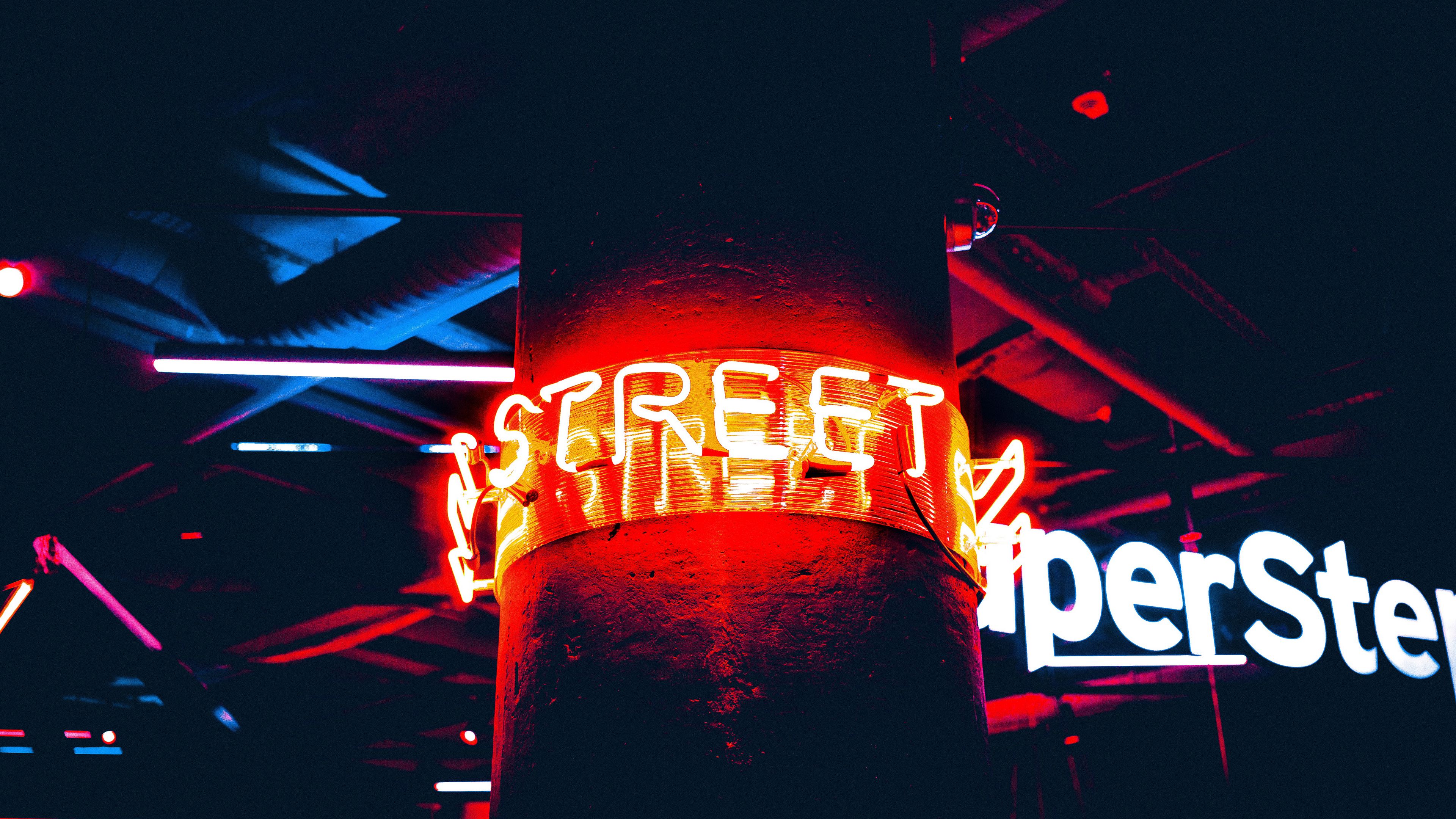 inscription, neon, backlight, pillar, 4k, HD Wallpaper