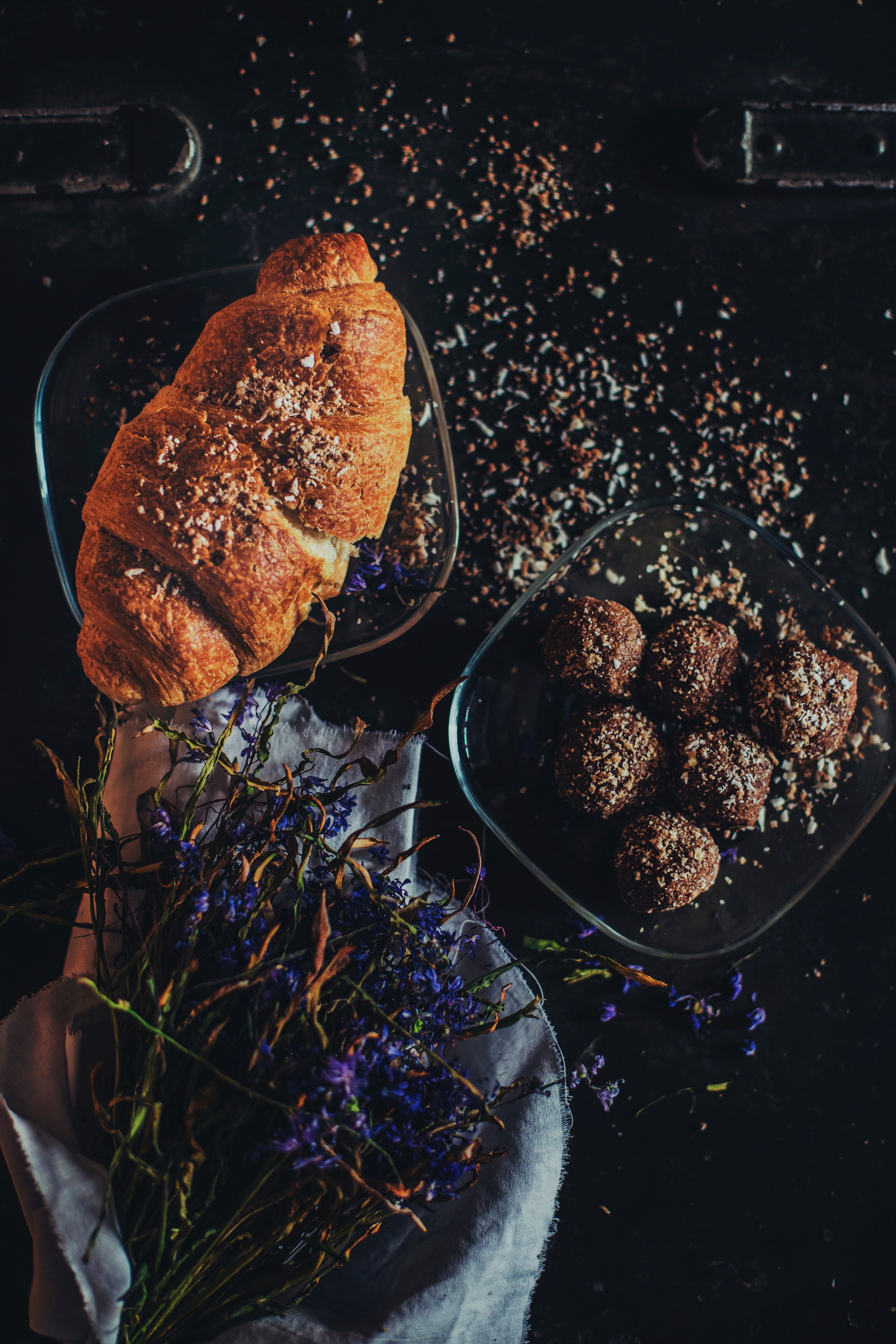 rustic bakery tablescape with french croissant chocolate truffles and dried flowers, rustic bakery treats 4k, Phone HD Wallpaper