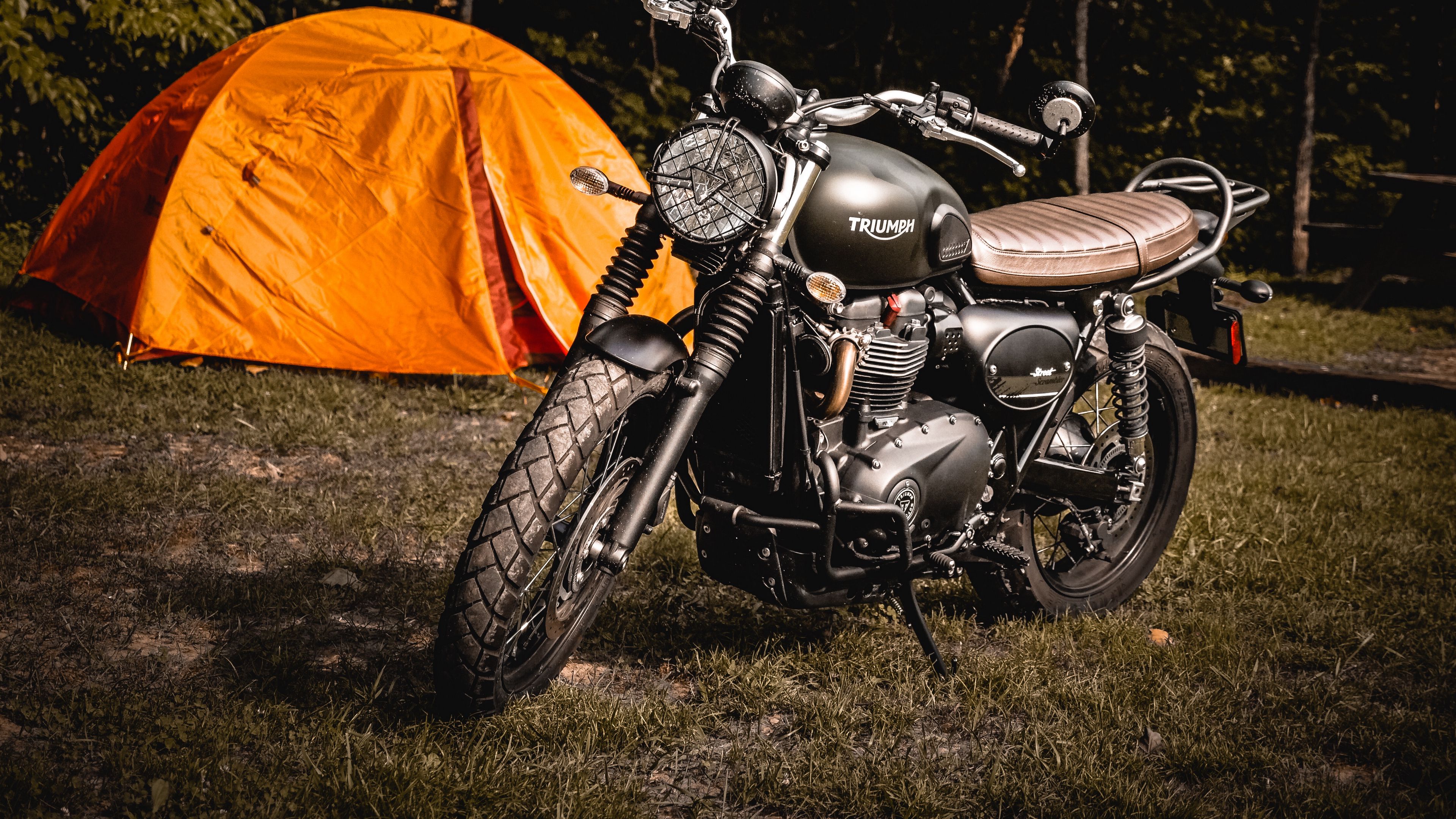 motorcycle, tent, grass, 4k, HD Wallpaper