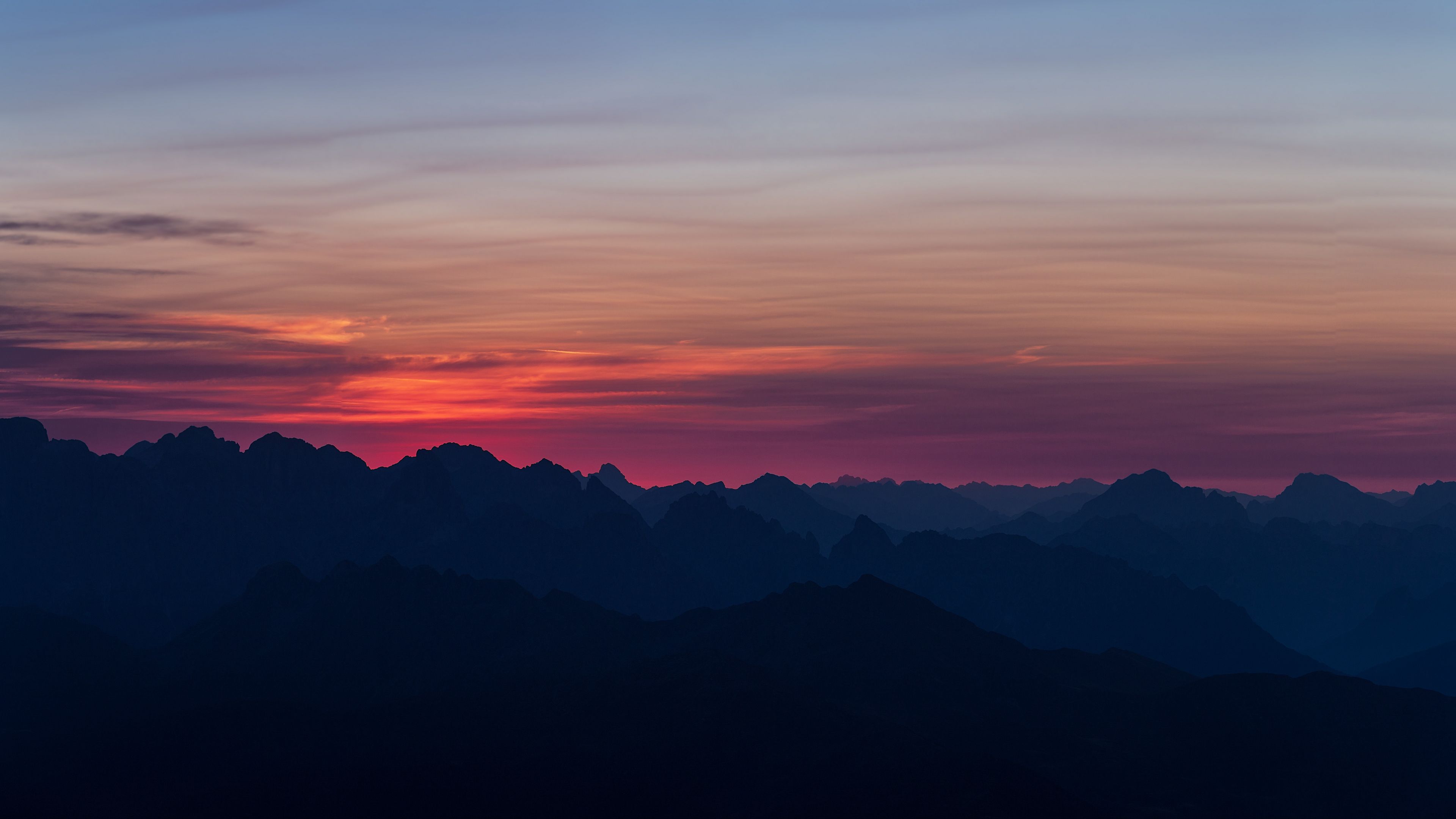 mountains, sunset, sky, horizon, 4k, HD Wallpaper