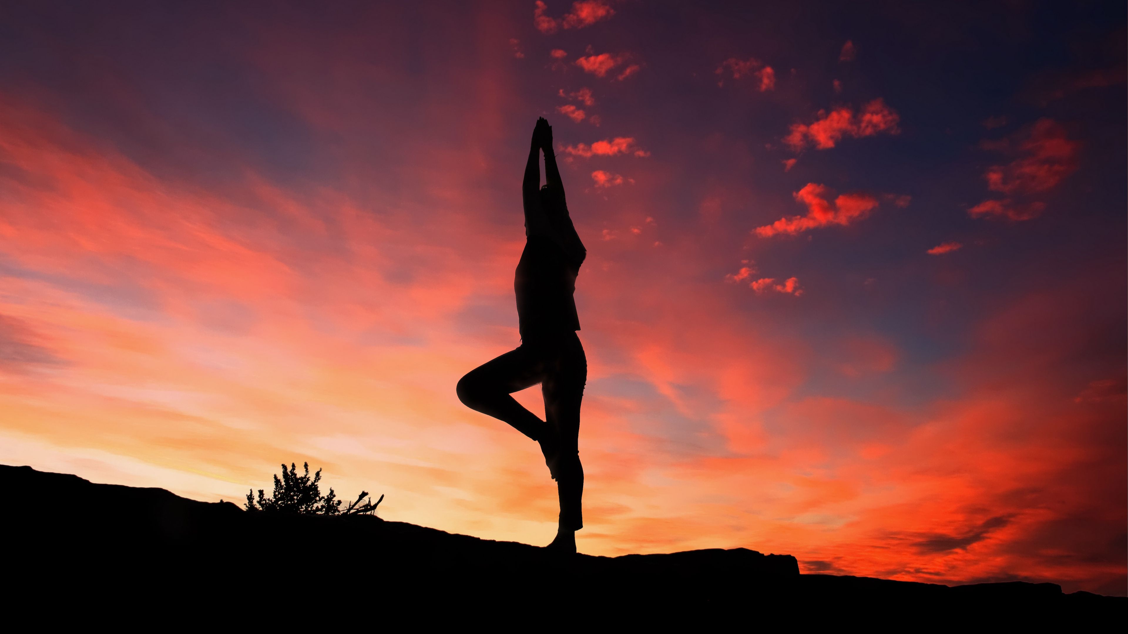 yoga, silhouette, sunset, man, 4k, HD Wallpaper