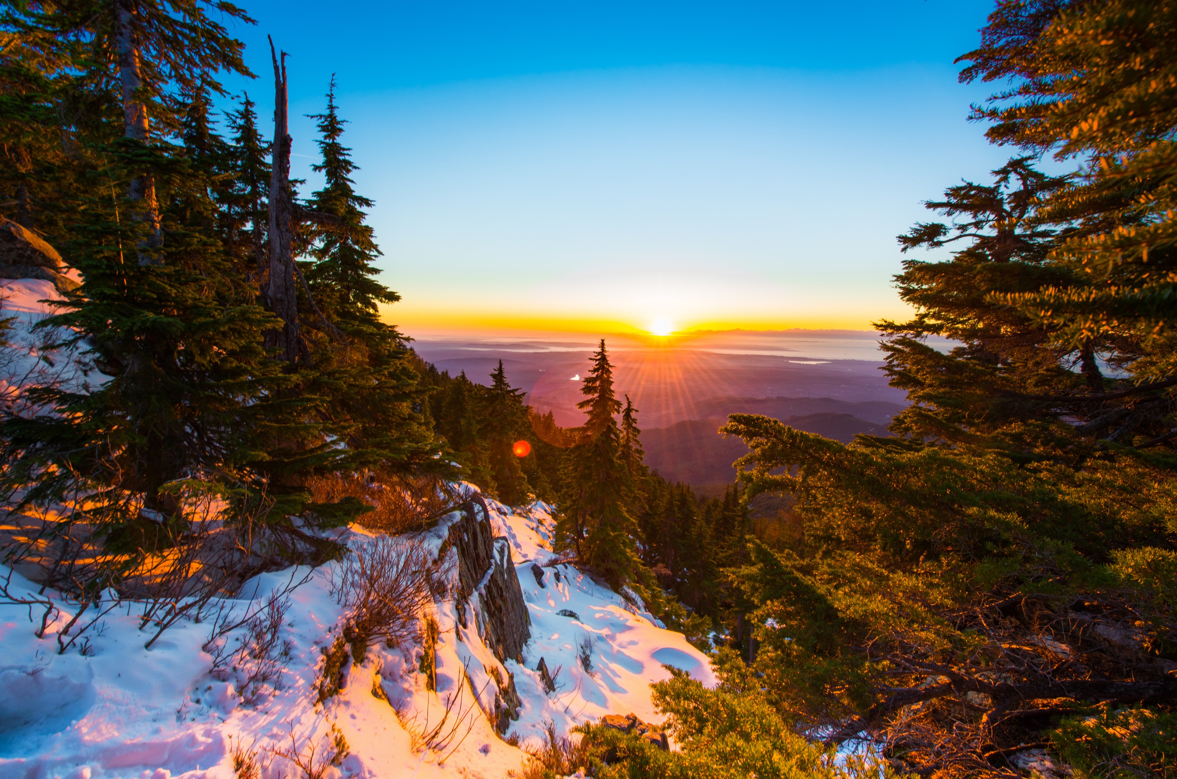 a forest on mount pilchuck covered in snow during sonrise, sun on the horizon at mount pilchuck 4k, HD Wallpaper