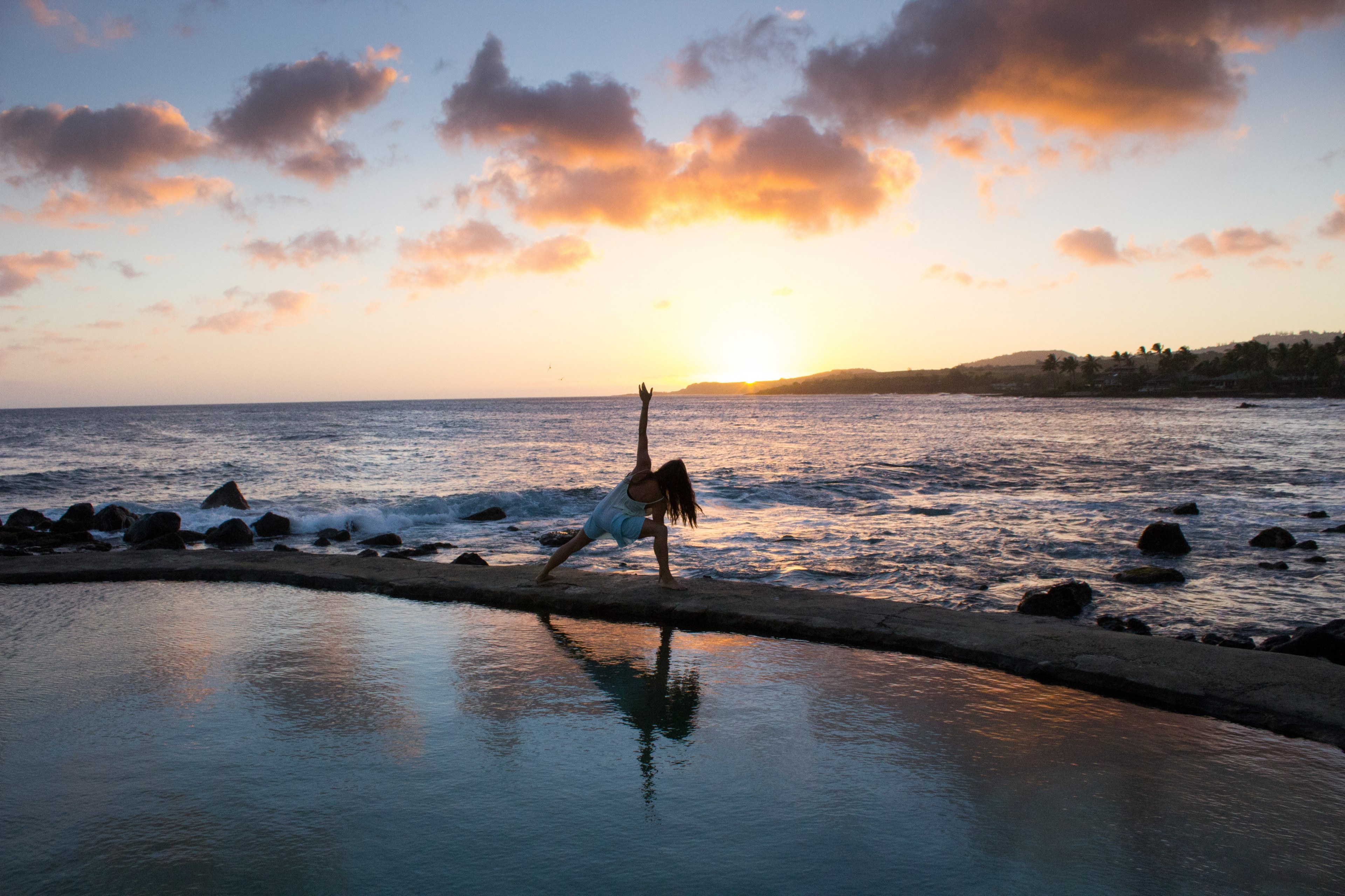 a woman doing yoga at sunset in a white dress on the side of a pool, yoga by the sea 4k, HD Wallpaper