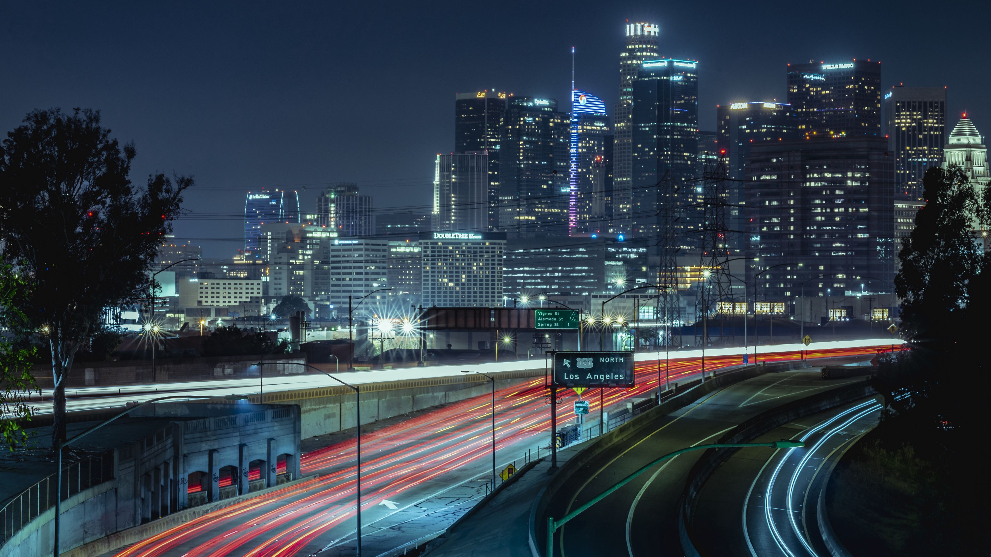 night city, building, road, glow, 4k, HD Wallpaper
