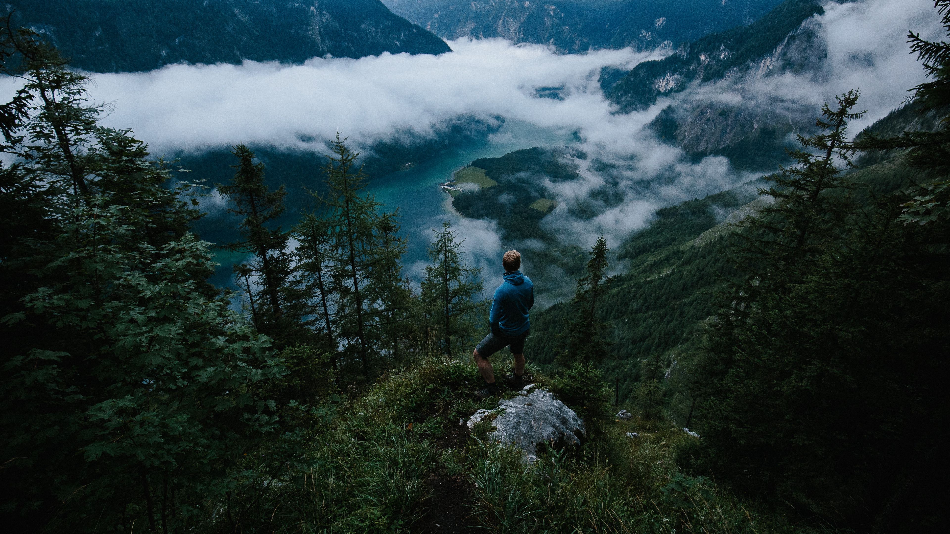 man, mountains, clouds, travel, 4k, HD Wallpaper