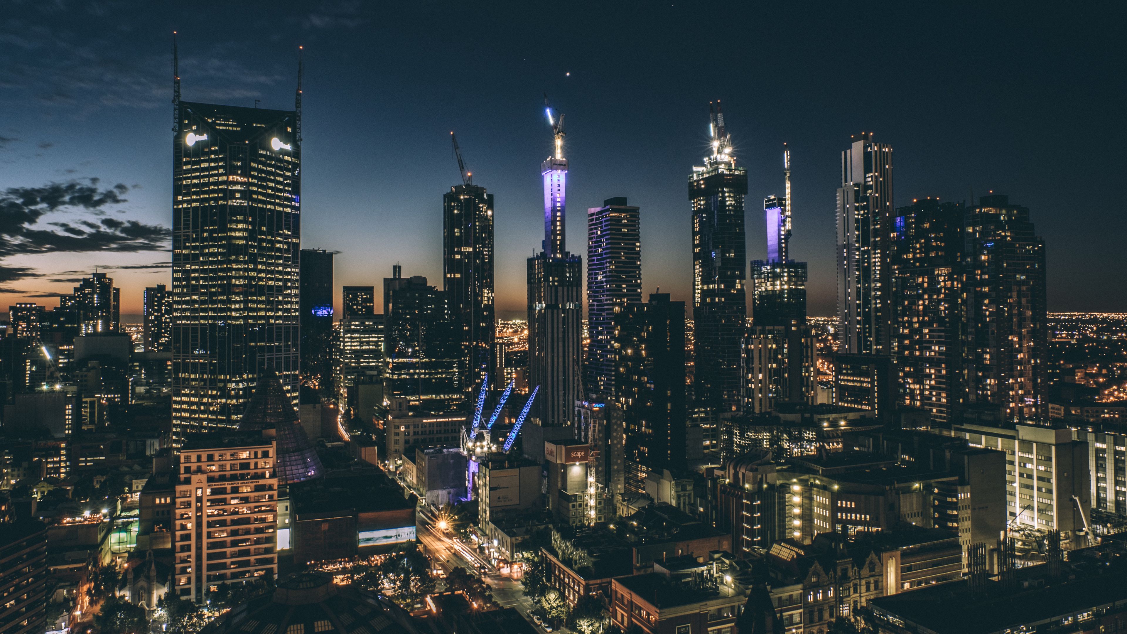 skyscrapers, night, buildings, architecture, sky, 4k, HD Wallpaper
