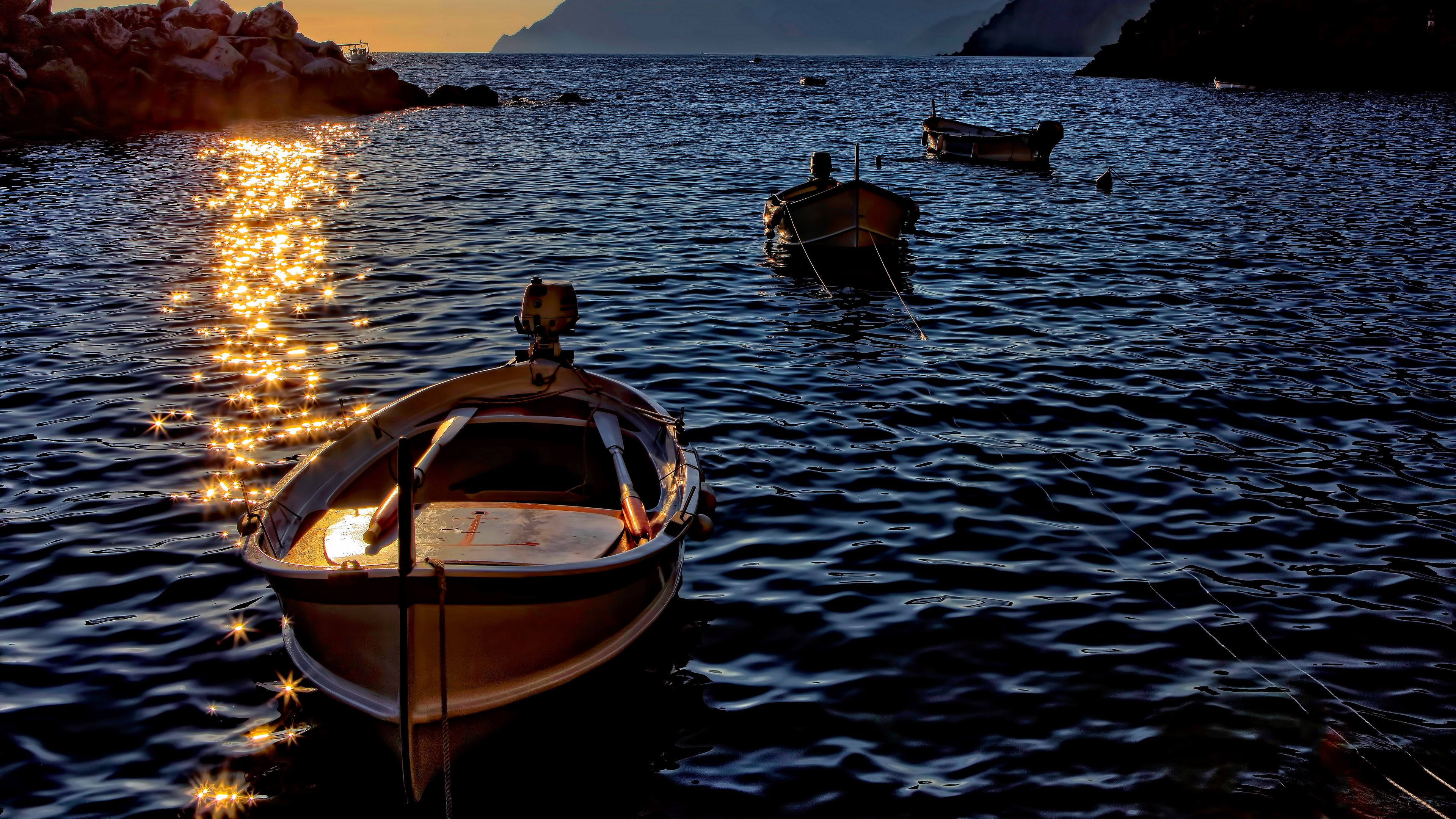 boat, sea, sunset, water, shine, 4k, HD Wallpaper