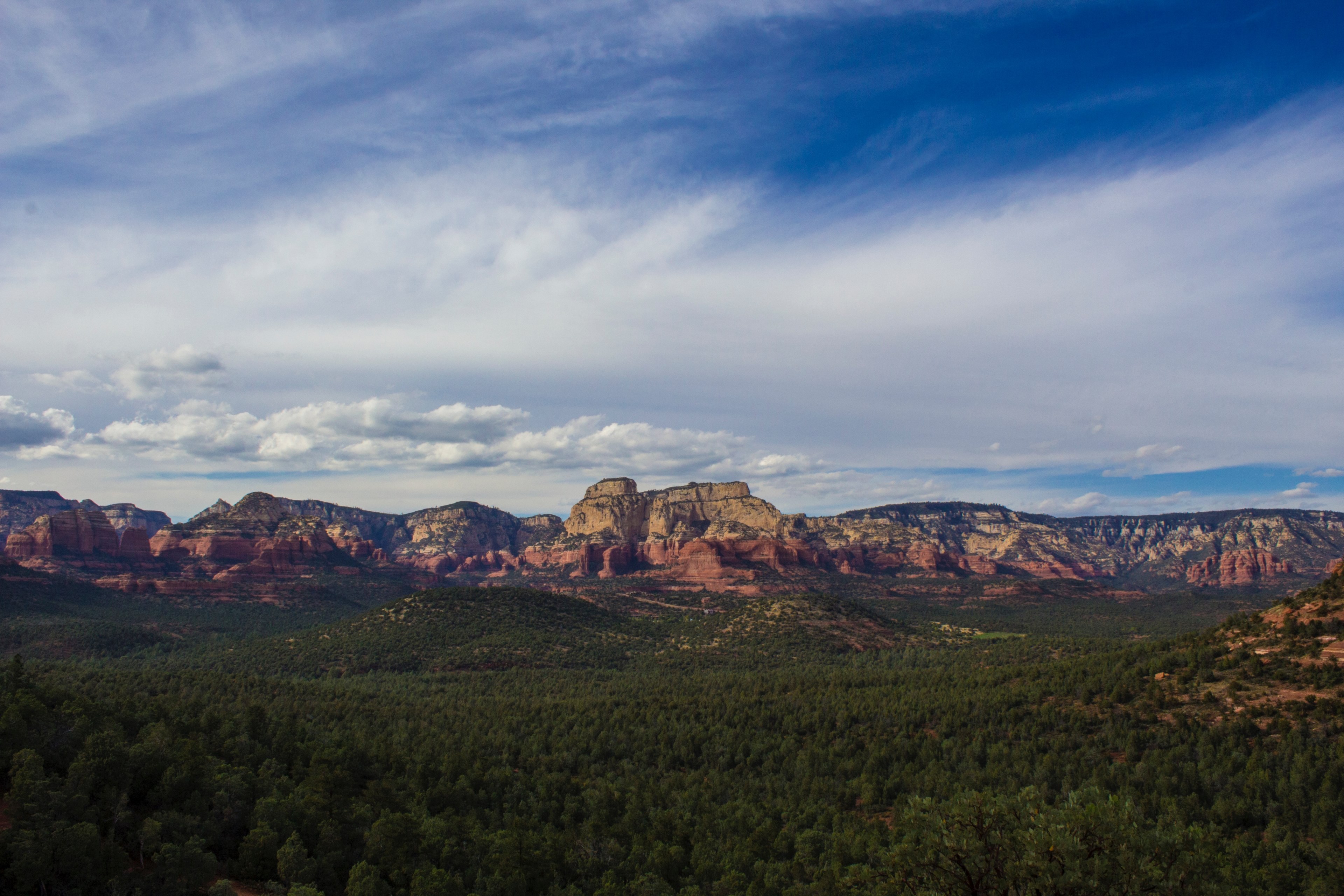 red rock formations near a green forest in sedona, sandstone formations in sedona 4k, HD Wallpaper