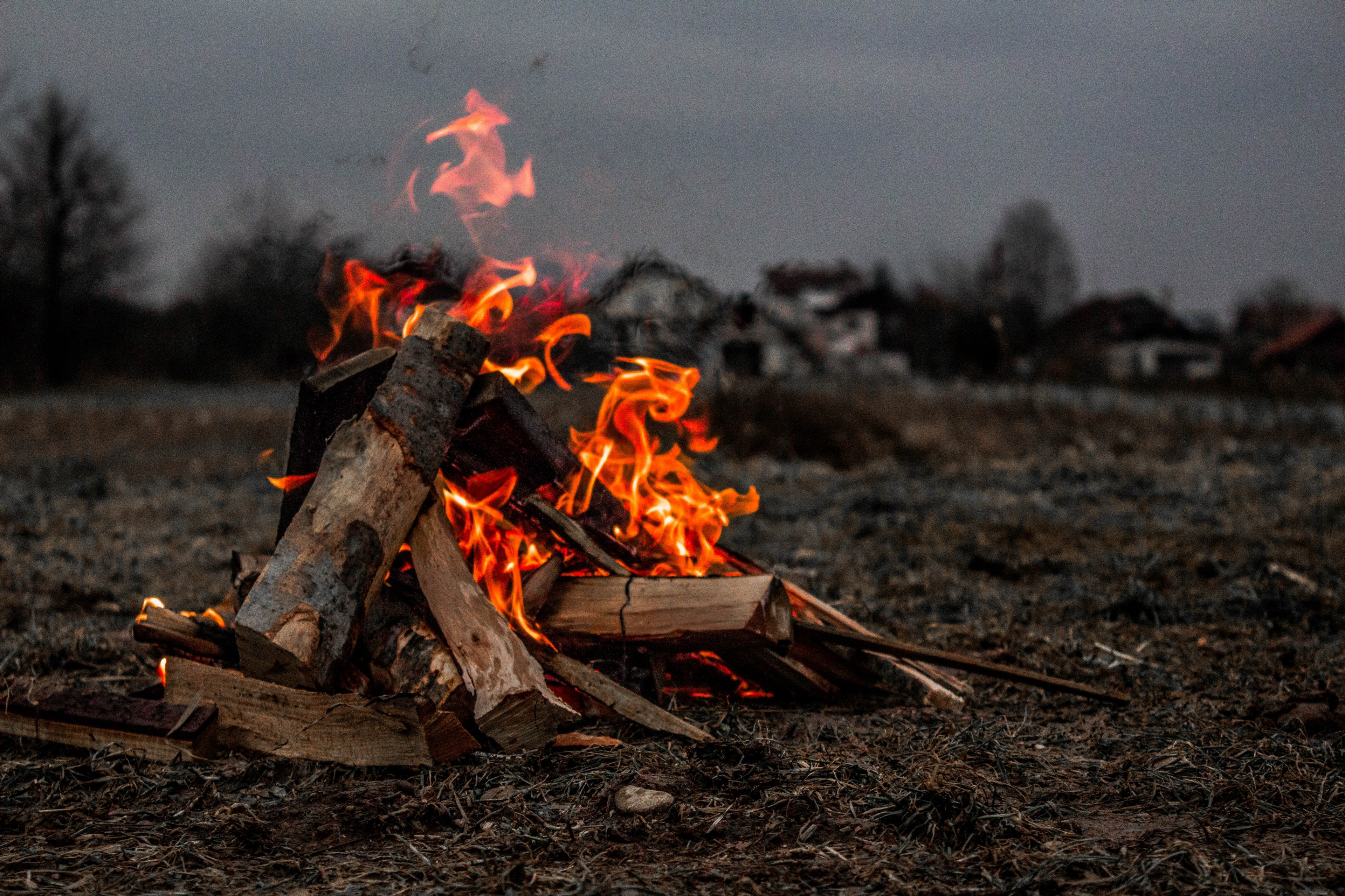 a pile of logs burning in a dead field beside a rural village in the fall or winter, exploring and camping with friends 4k, HD Wallpaper