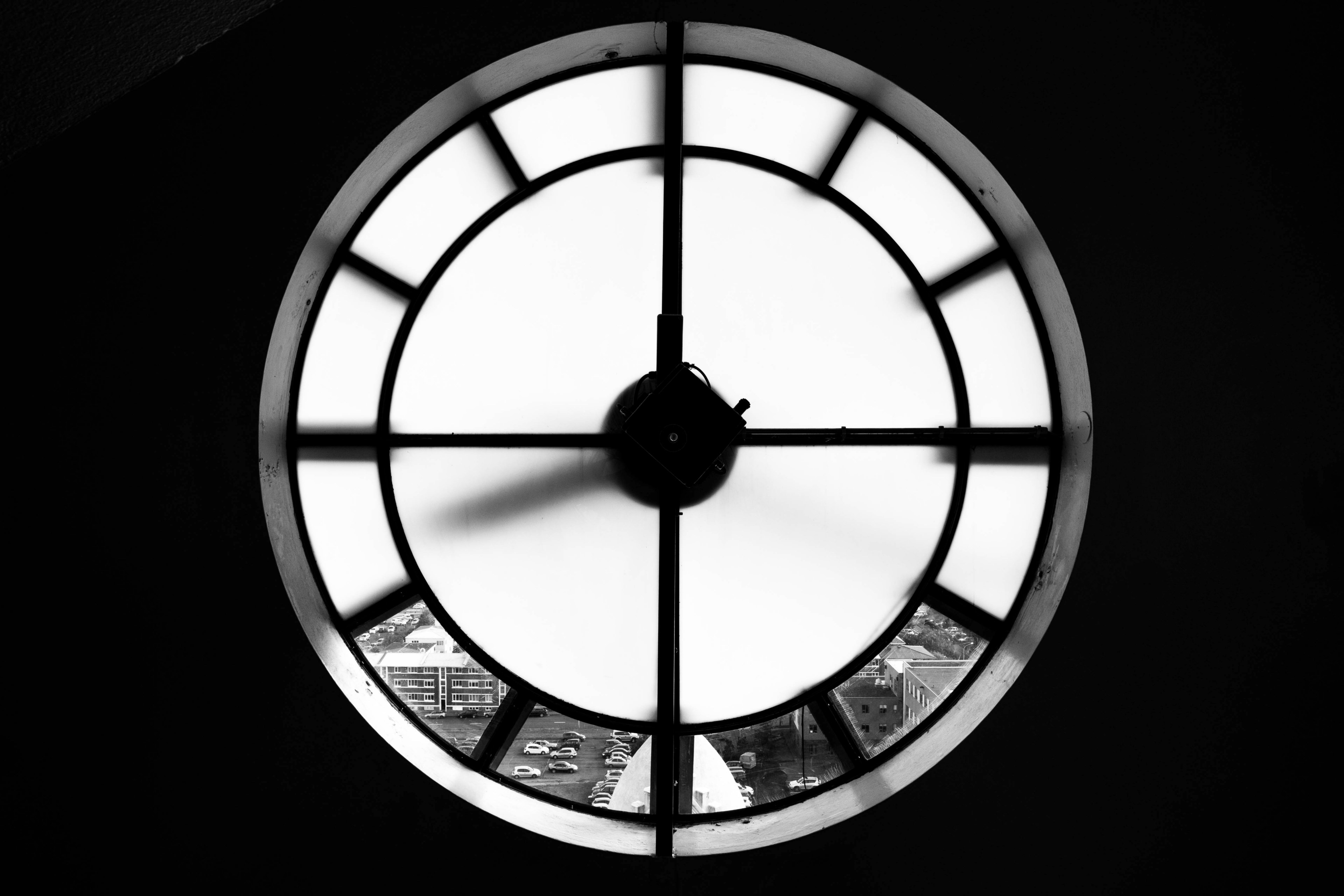 macro black and white shot of round clock on dark background hallgrimskirkja, hallgrimskirkja tower clock 4k, HD Wallpaper