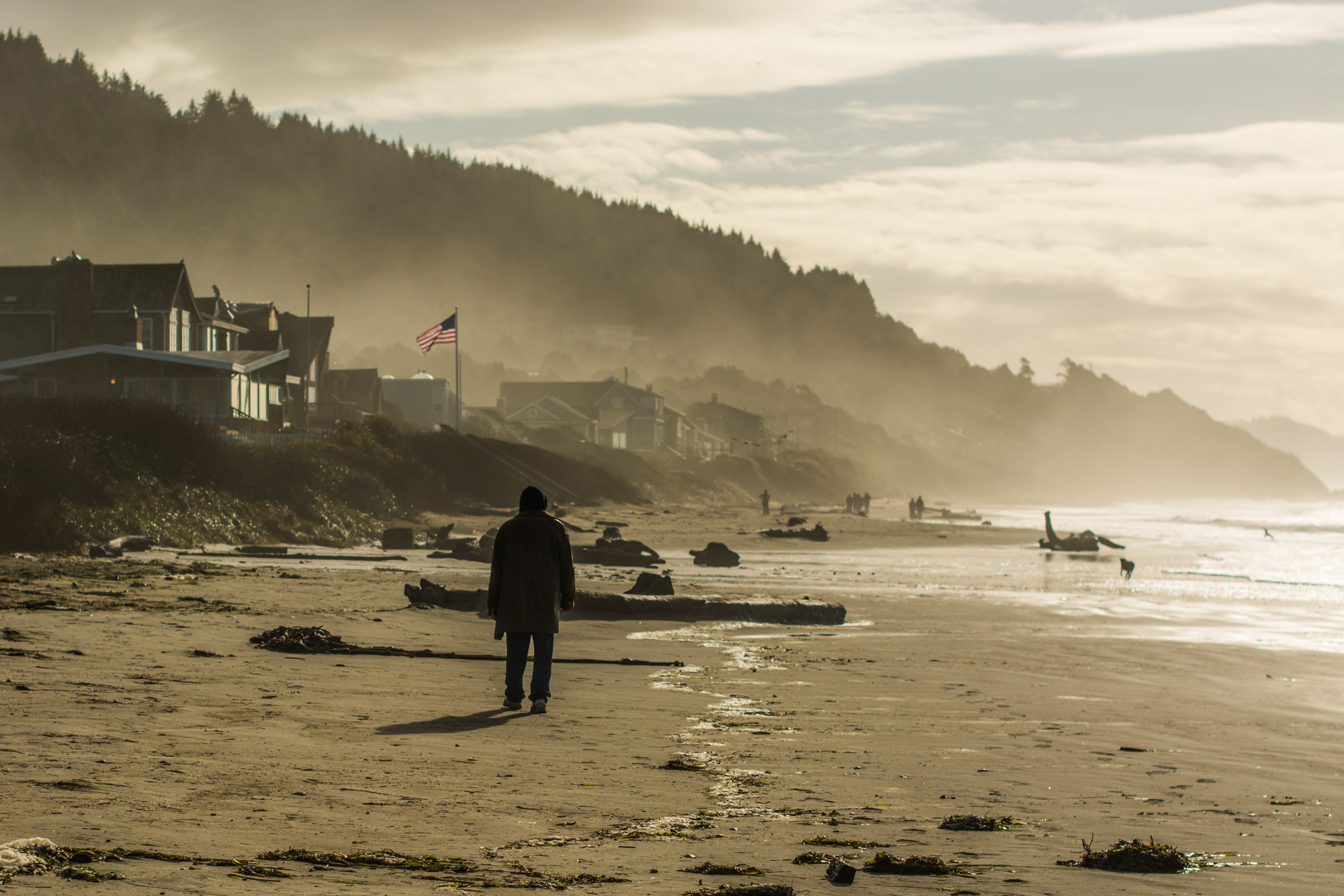 person walking on the windy sand beach by the houses with american flag, person walking on windy beach 4k, HD Wallpaper