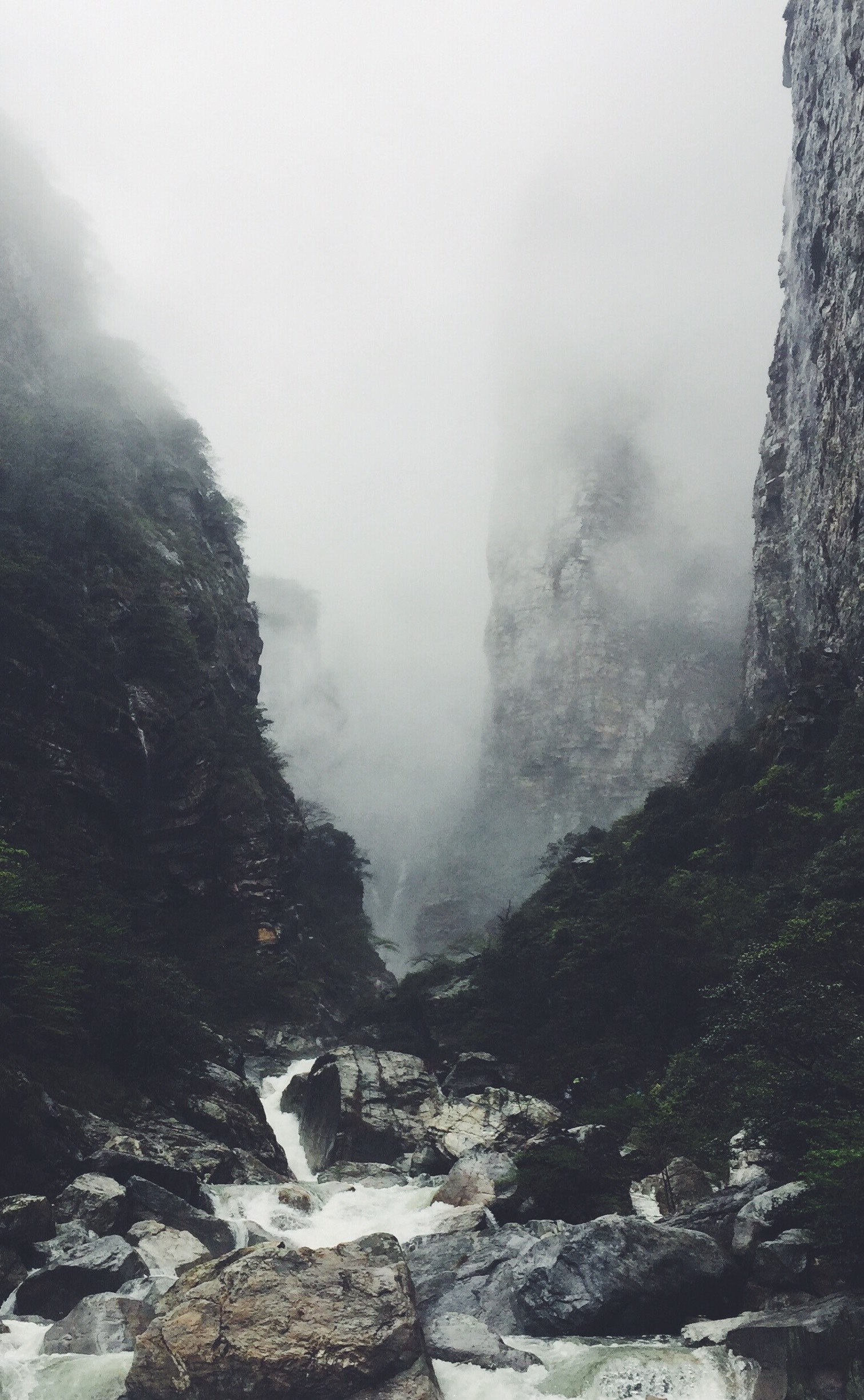 fog fills the rocky river valley between mountains, cloudy canyon 4k, Phone HD Wallpaper