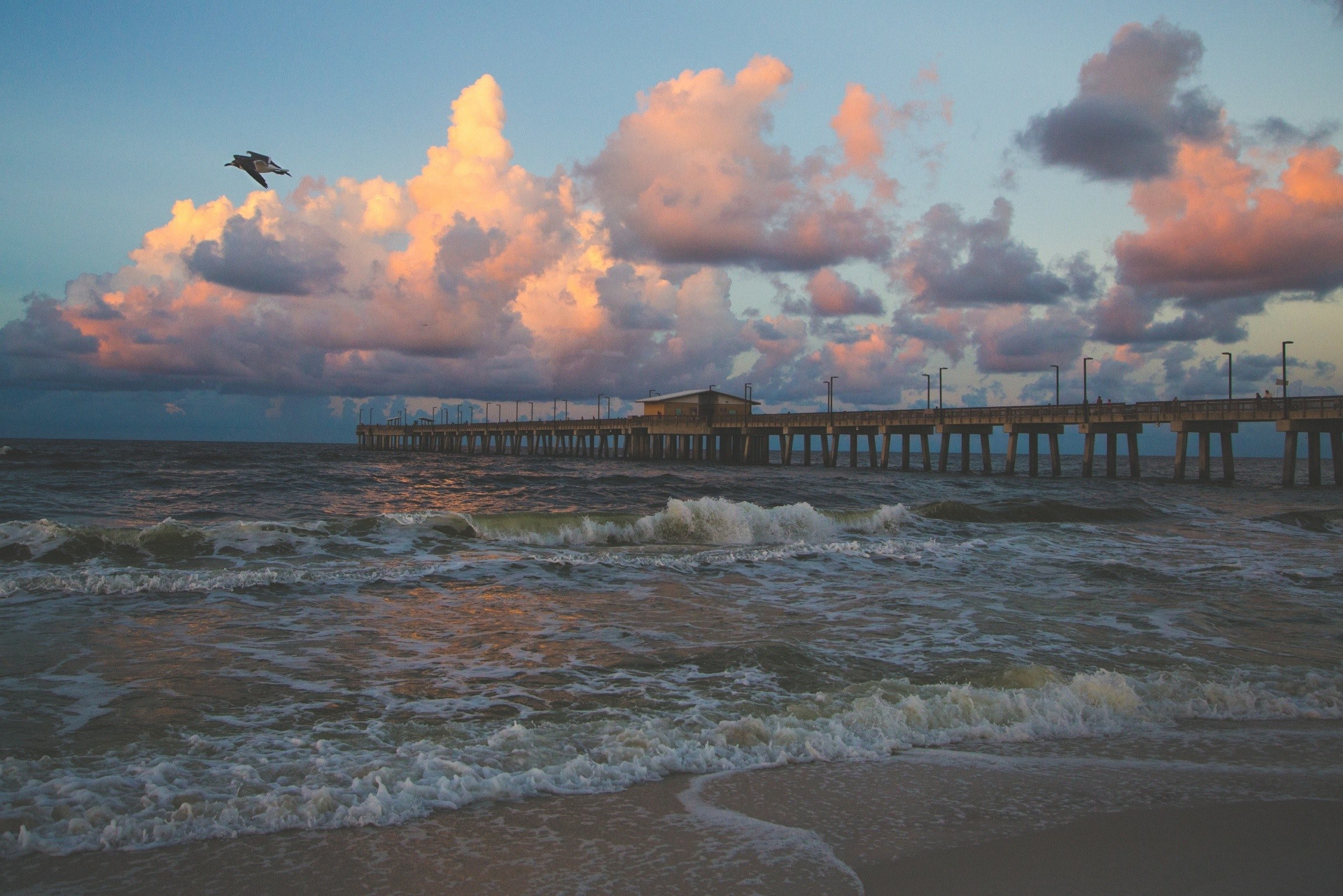 long pier on a sand beach shoreline after sunset, pier on a beach 4k, HD Wallpaper