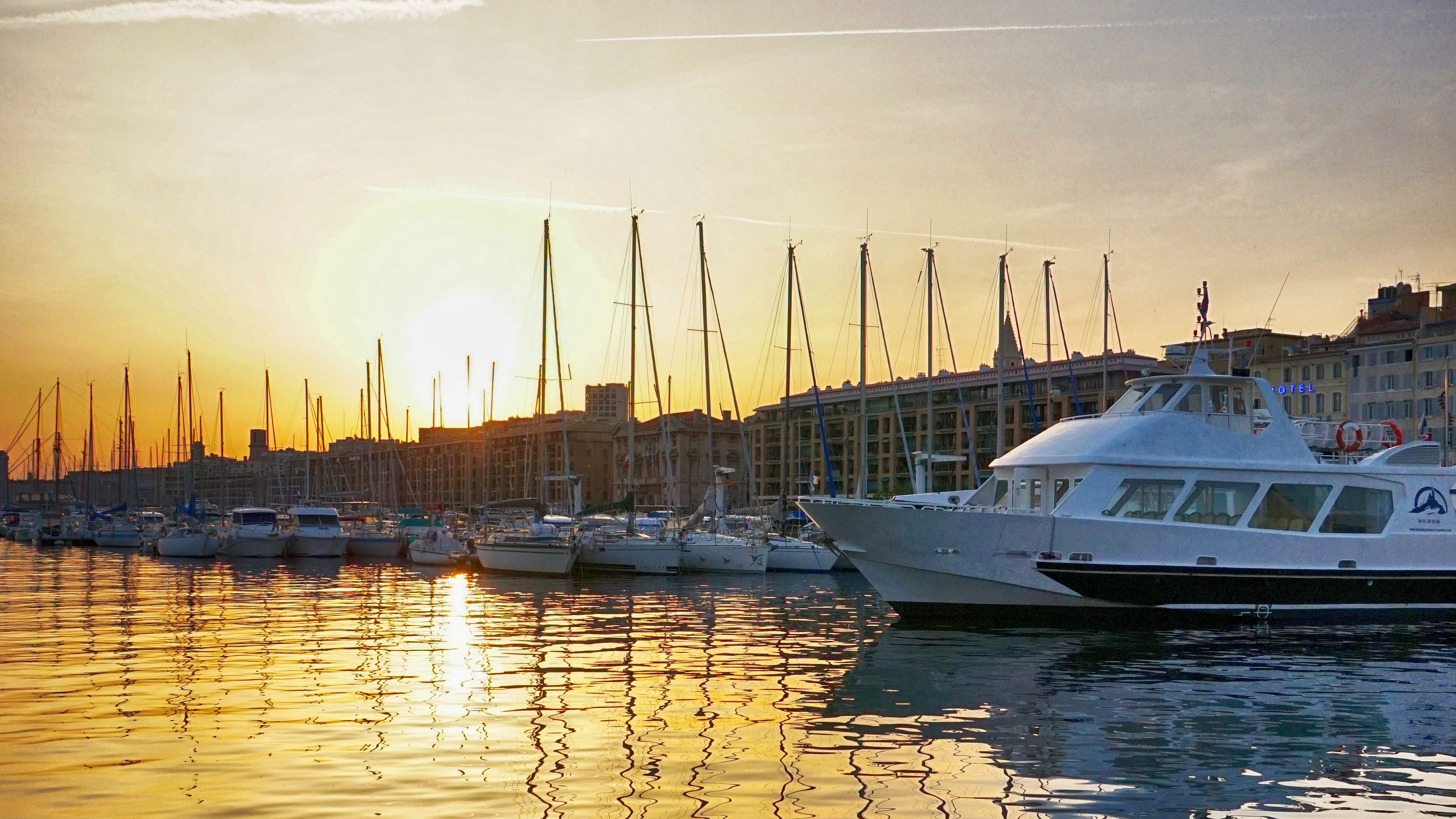 berth, boats, sunset, sea, 4k, HD Wallpaper
