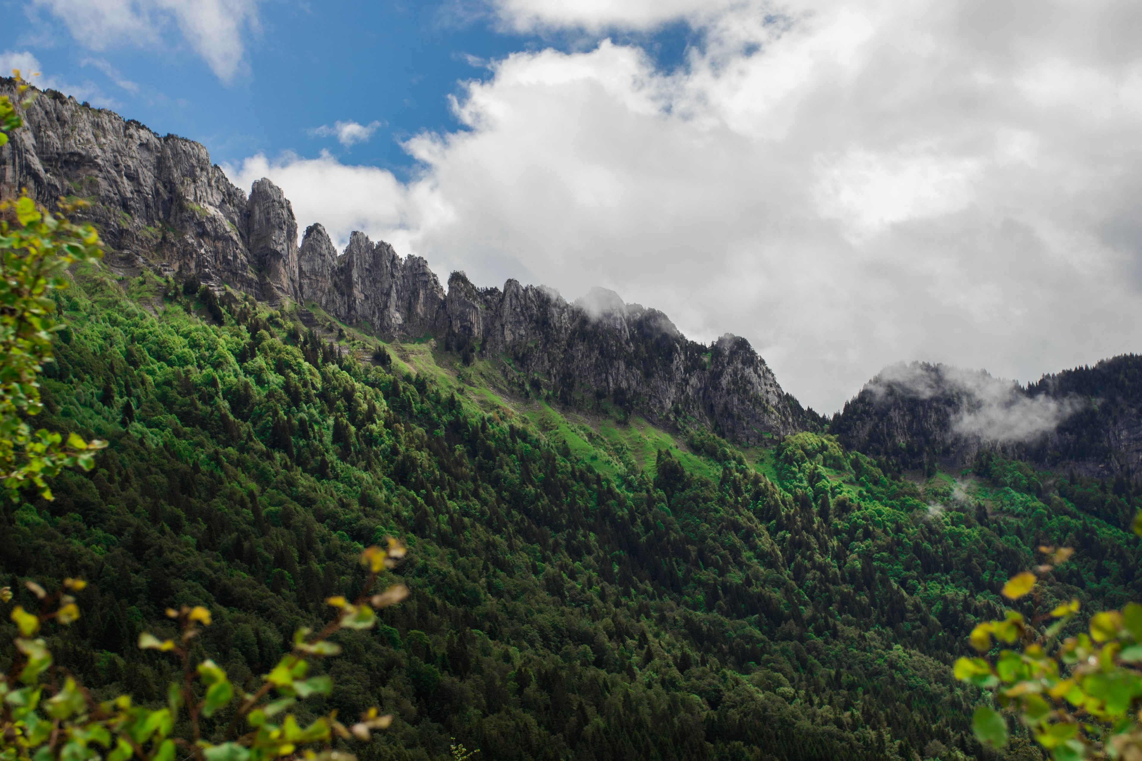 tall mountain peaks and green wooded slopes under clouds in parmelan, jagged peaks over a forest 4k, HD Wallpaper