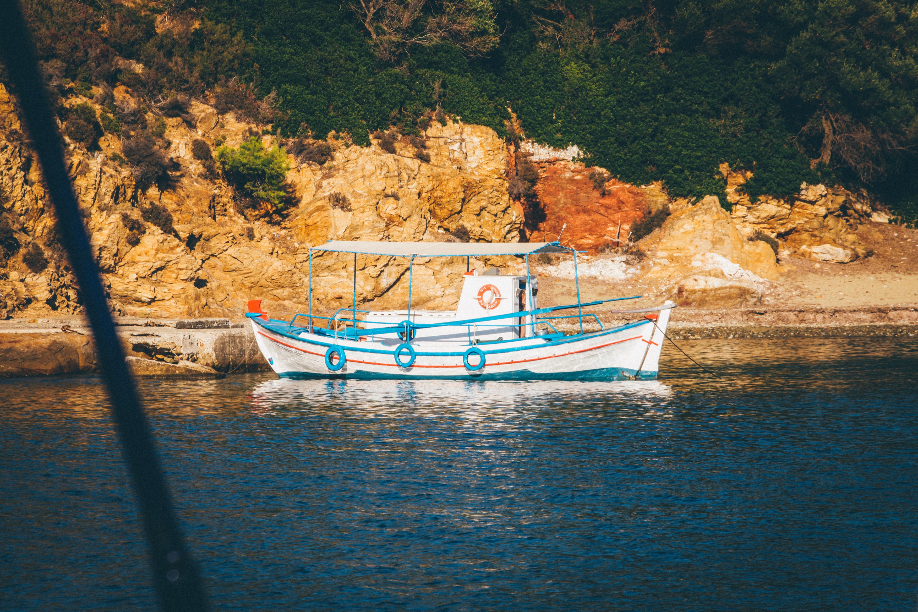 fishing boat rock mediterranean and sea 4k, HD Wallpaper