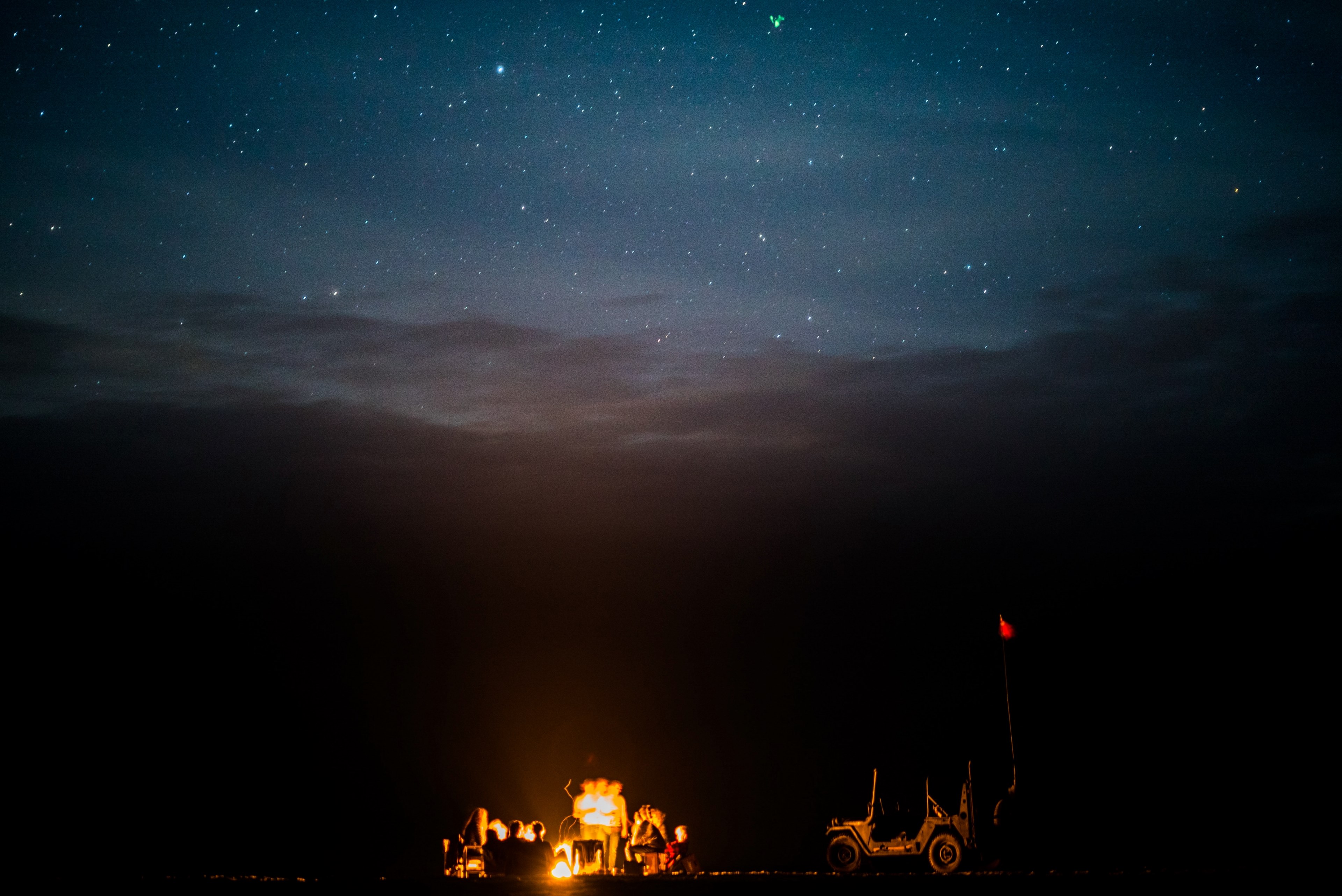 night sky star jeep and bonfire 4k, HD Wallpaper