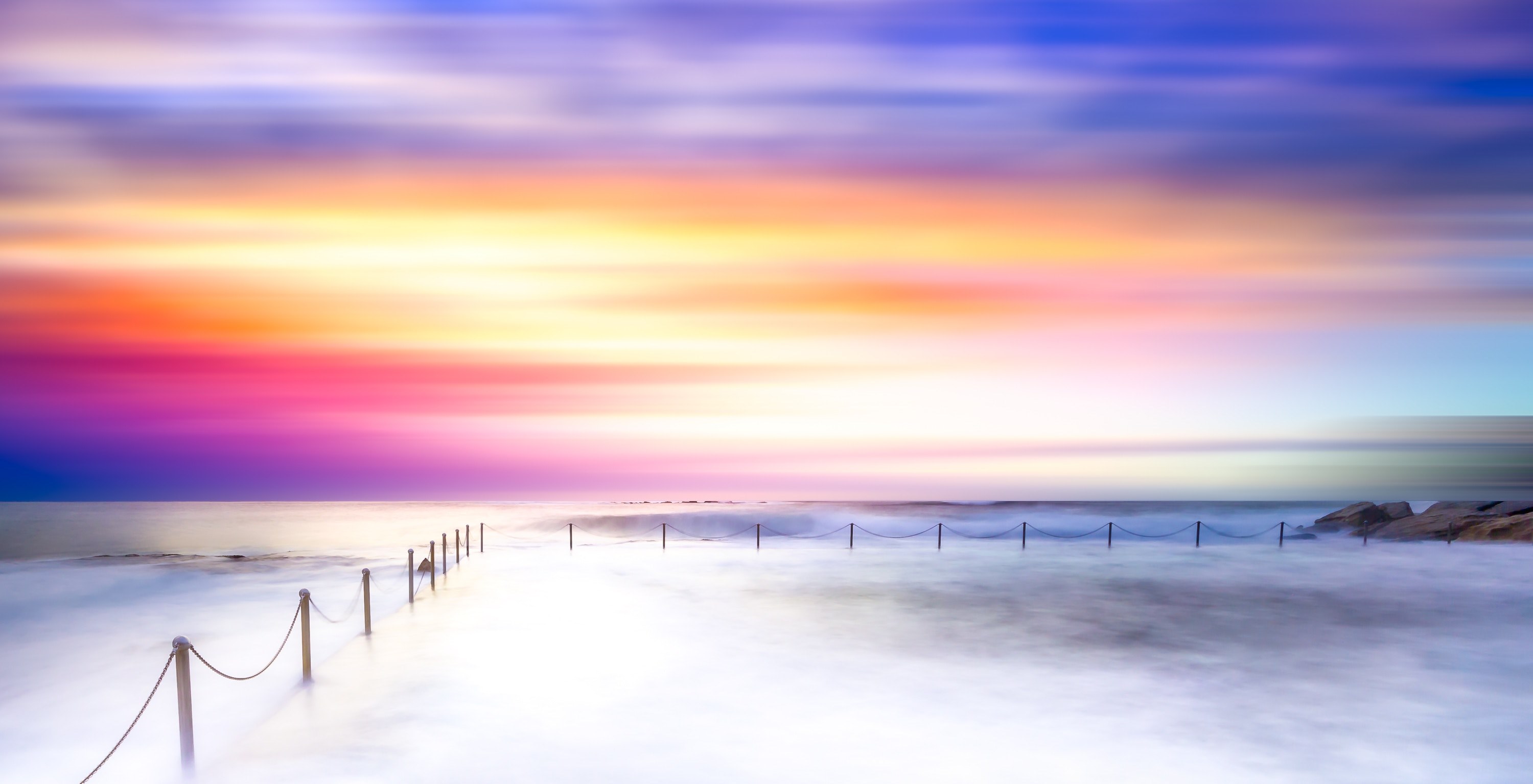 illuminated sky with rainbow colors over the sea in sydney with fences in the foreground, _rainbow sky fence sydney 4k, HD Wallpaper