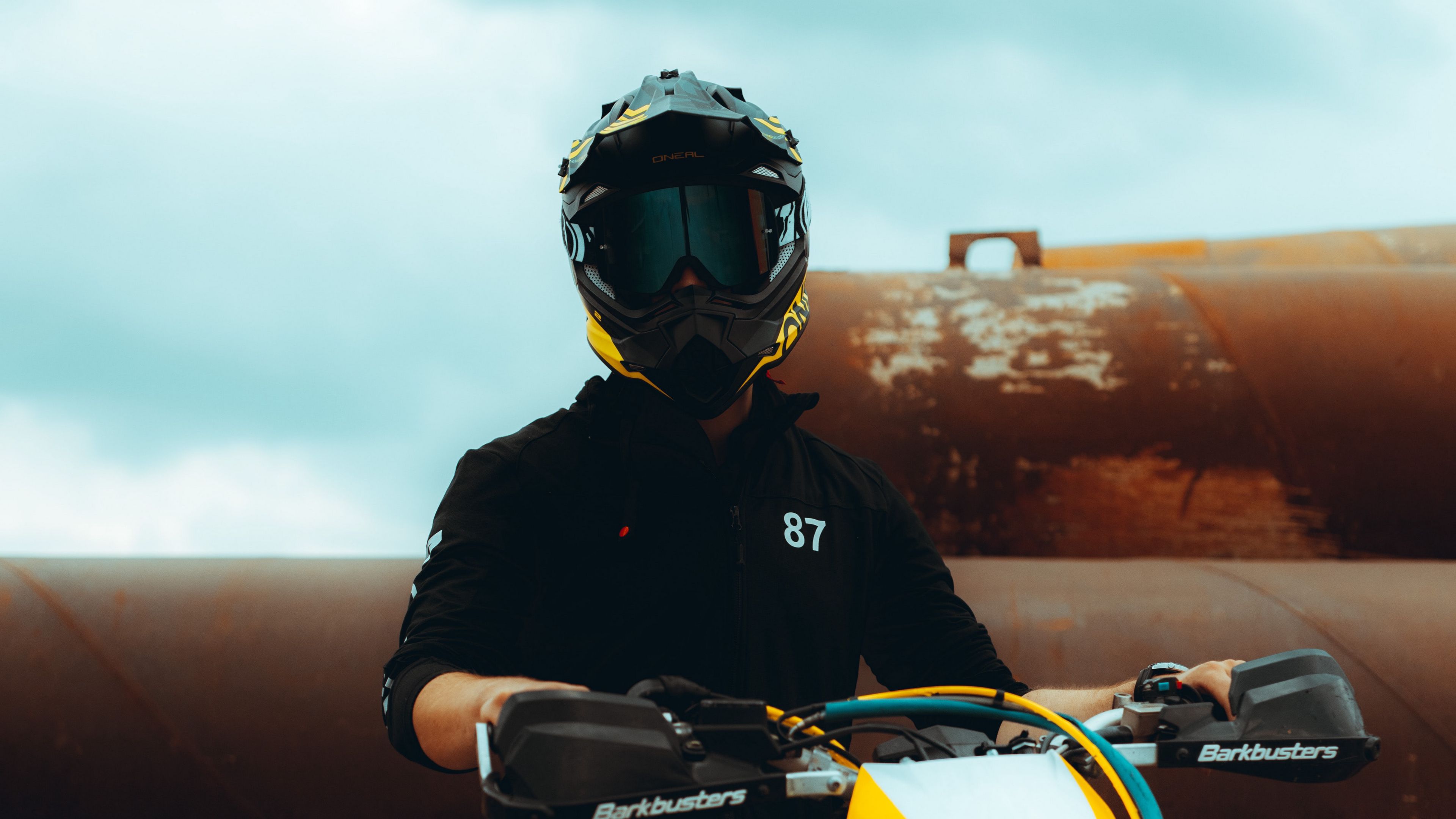 motorcycle, motorcyclist, helmet, pipes, 4k, HD Wallpaper