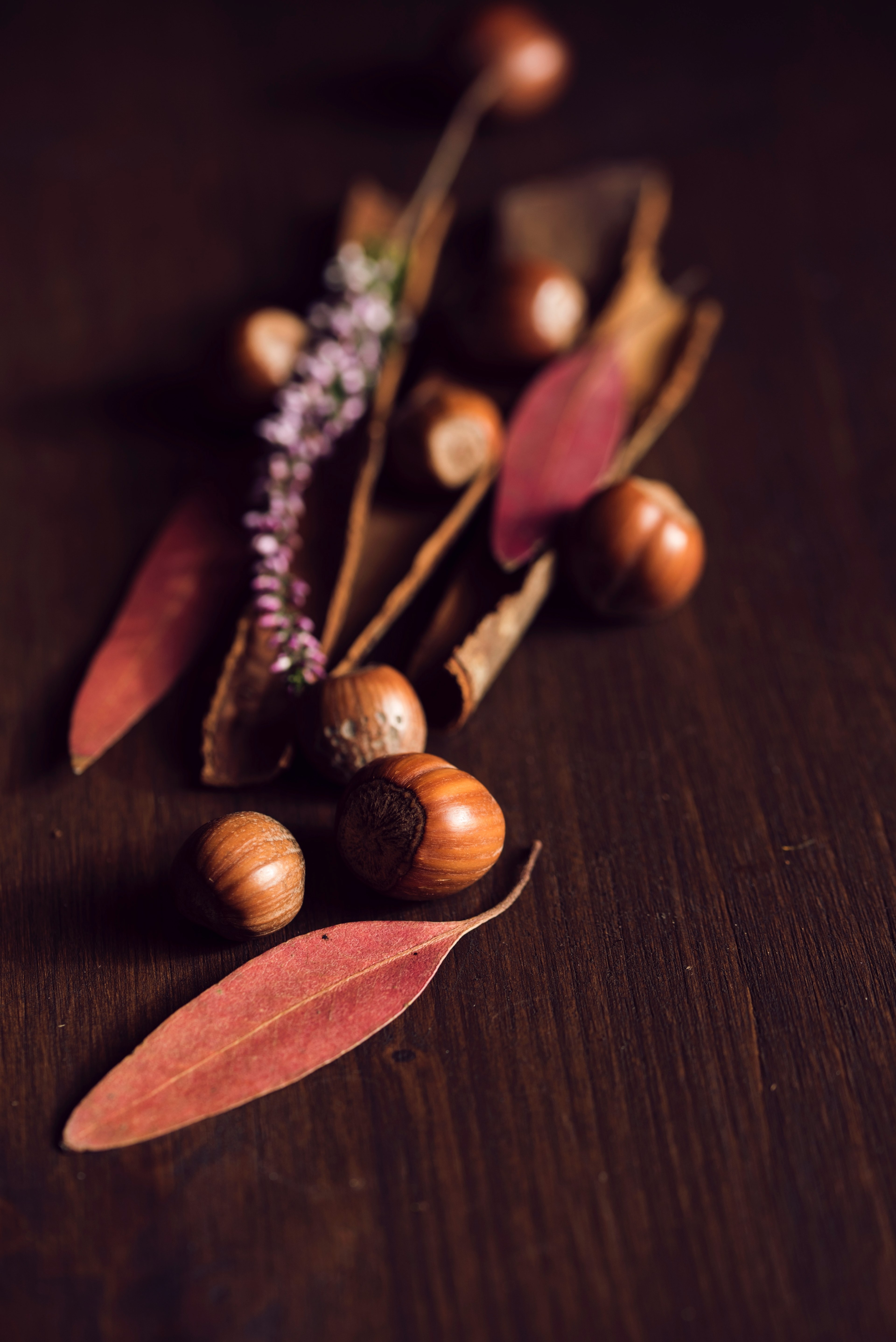 dried autumnal spices in a pile on the table, nuts and spices 4k, Phone HD Wallpaper