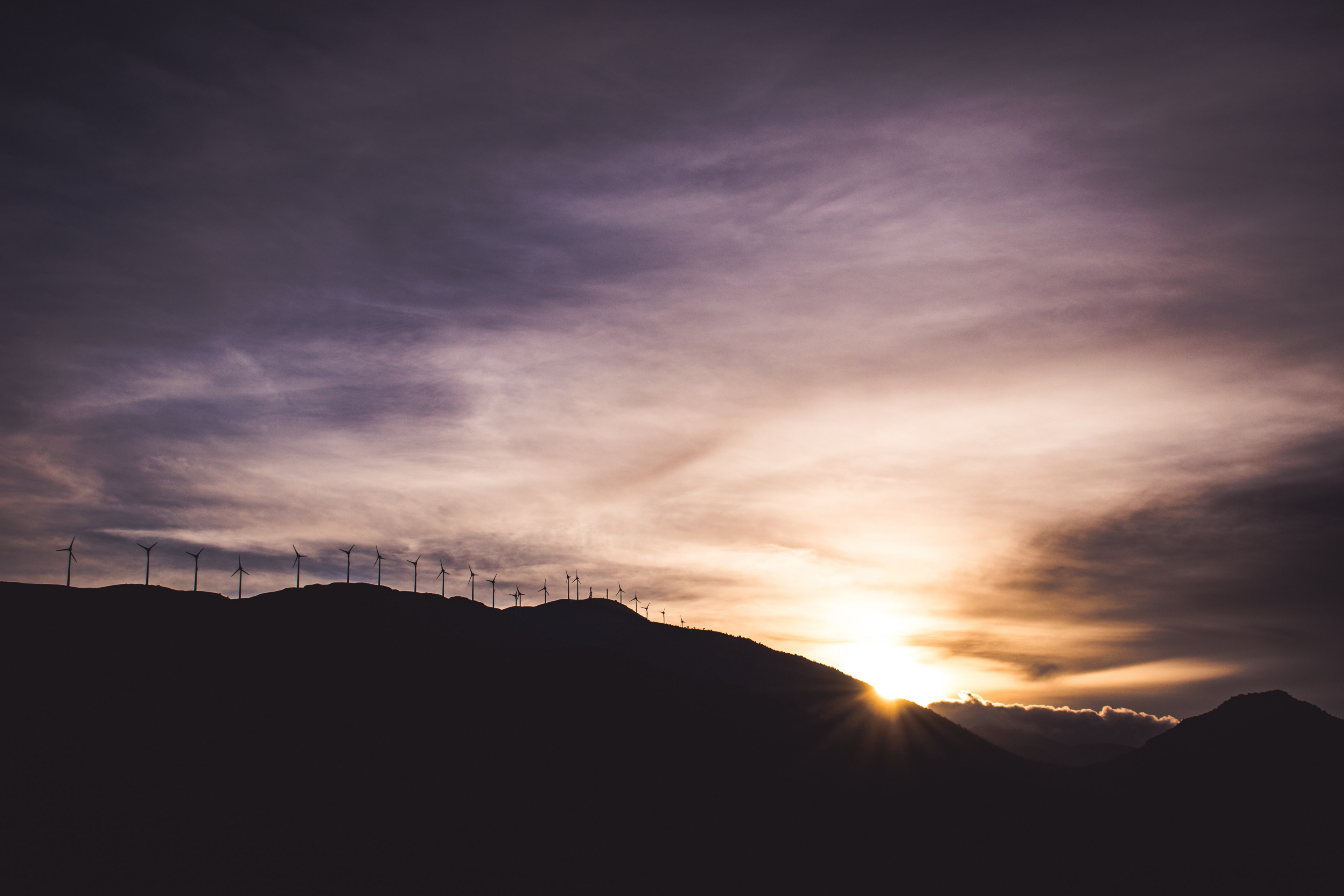 a sky photograph of a falling sunset in greece with wind turbines in the backdrop, greece country sunset 4k, HD Wallpaper