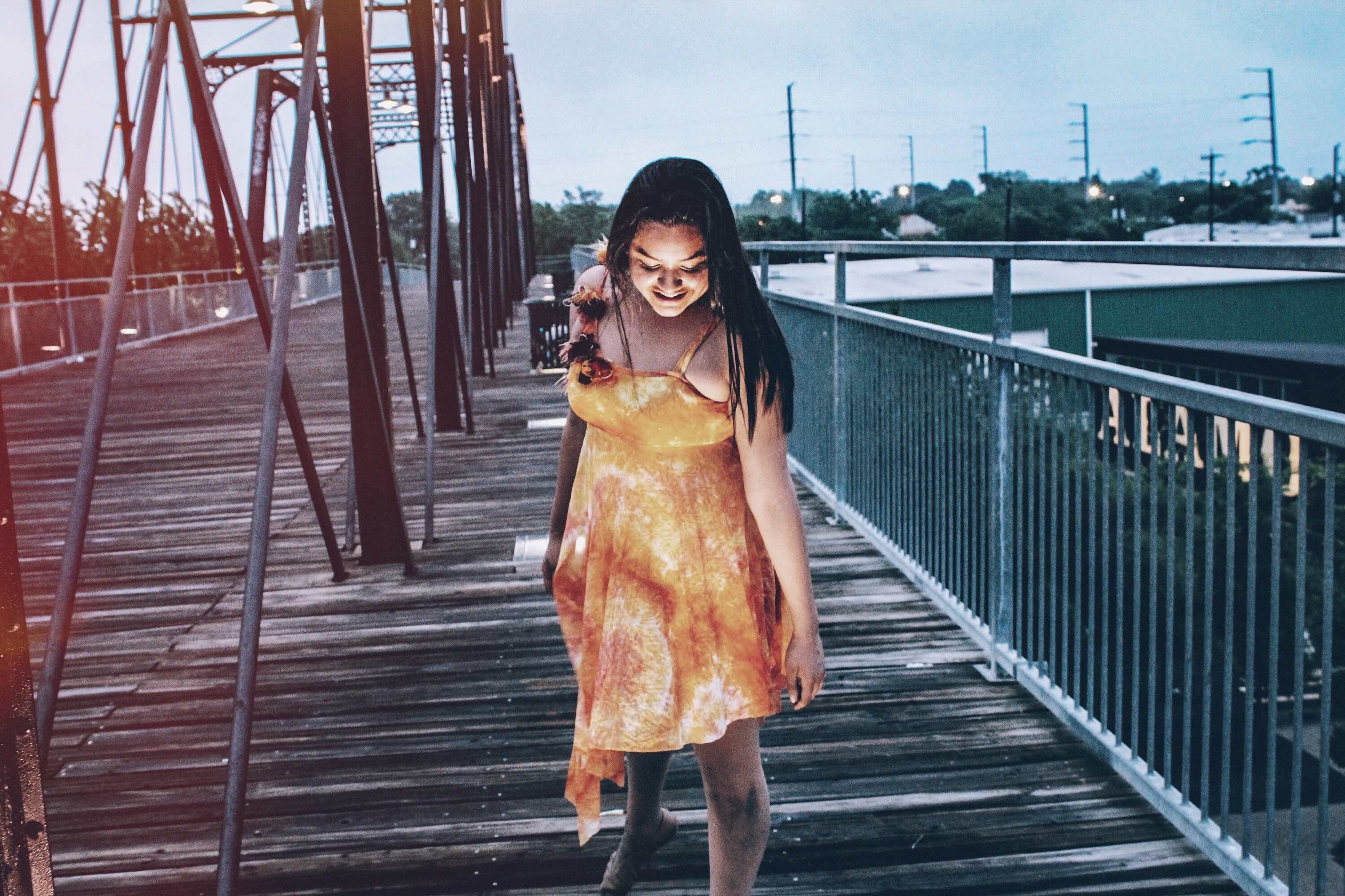 dance orange dress and wood 4k, HD Wallpaper