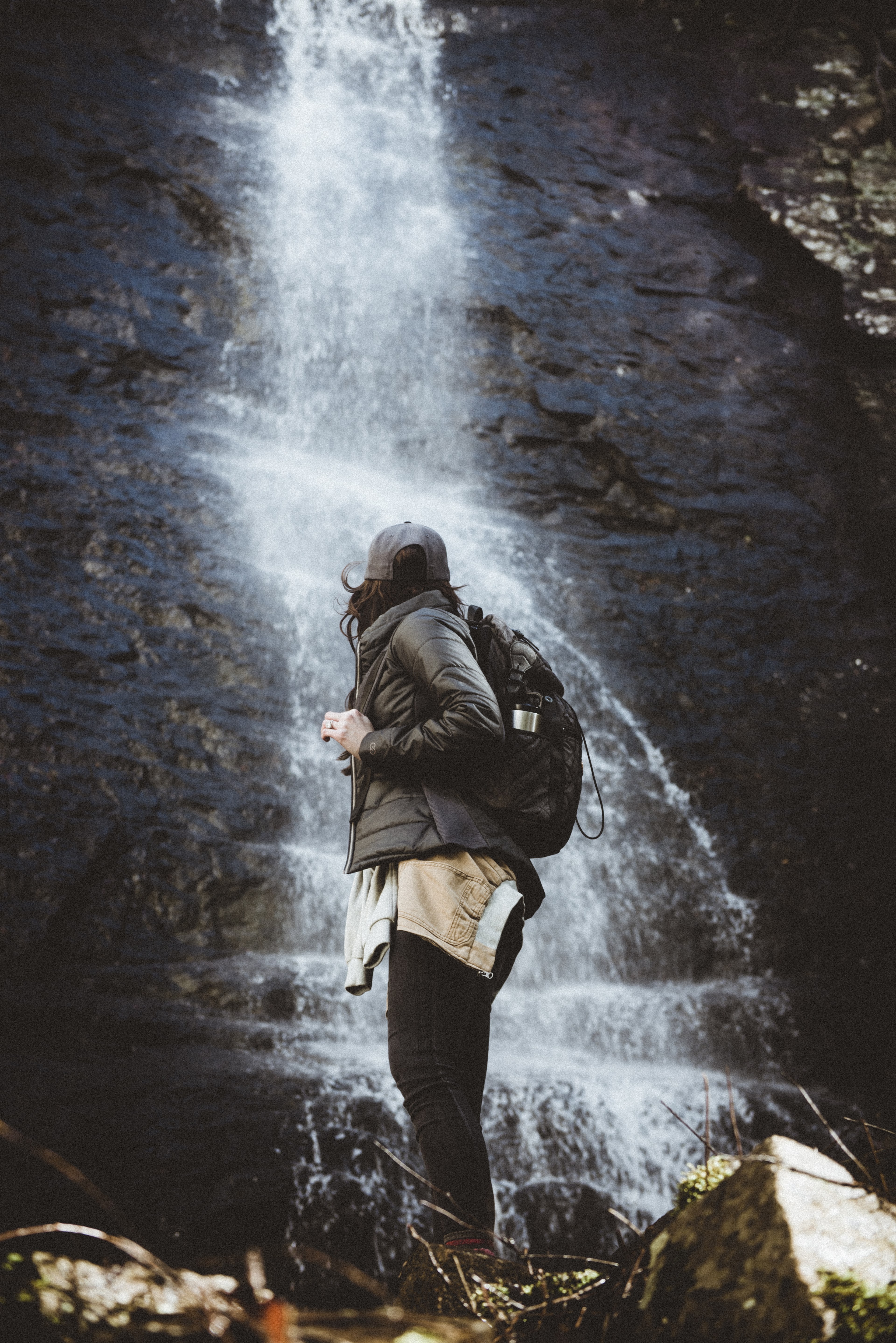 waterfall hike backpack and rucksack hd, 4k, Phone HD Wallpaper