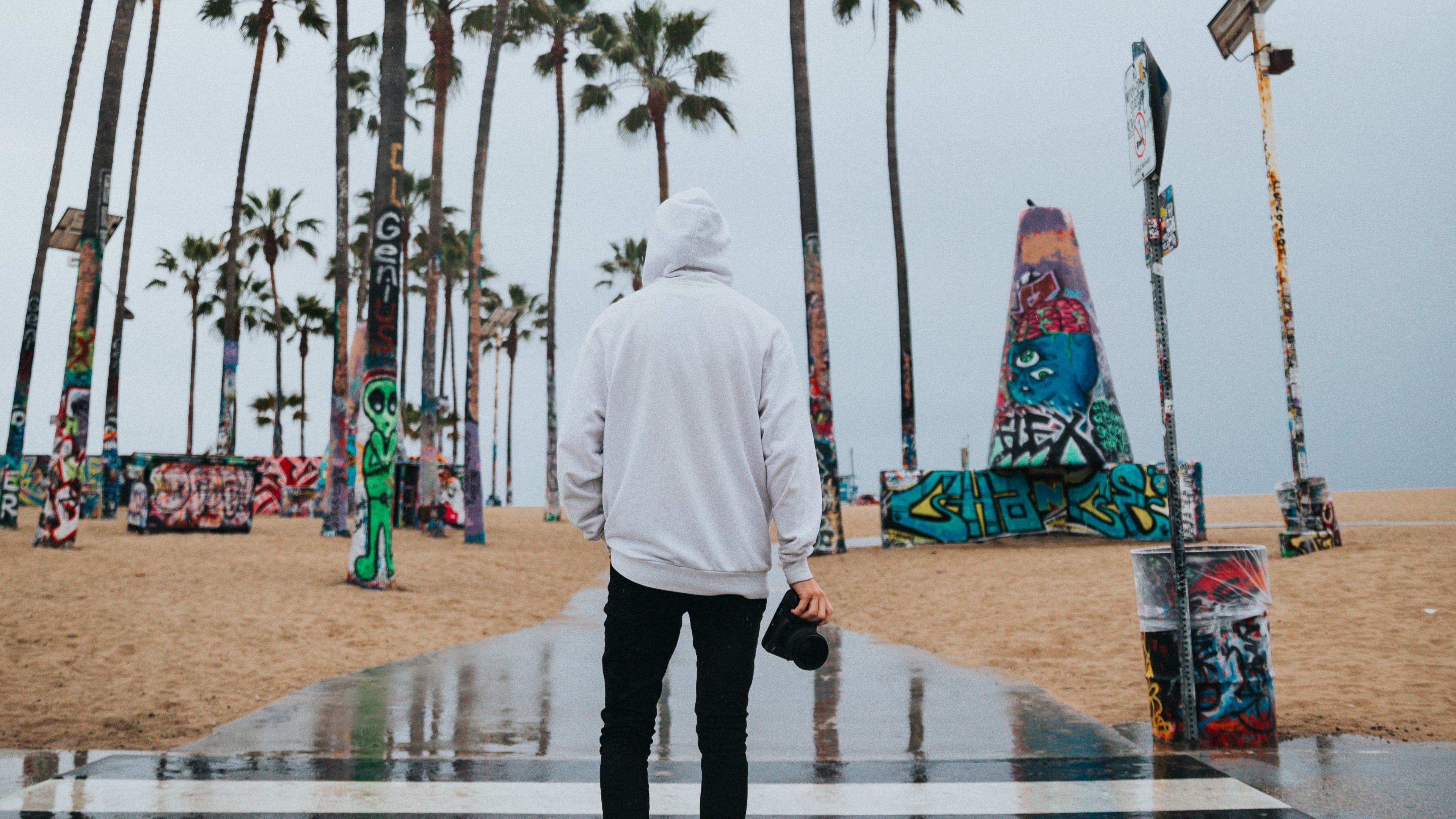 camera, photographer, hood, palm trees, 4k, HD Wallpaper