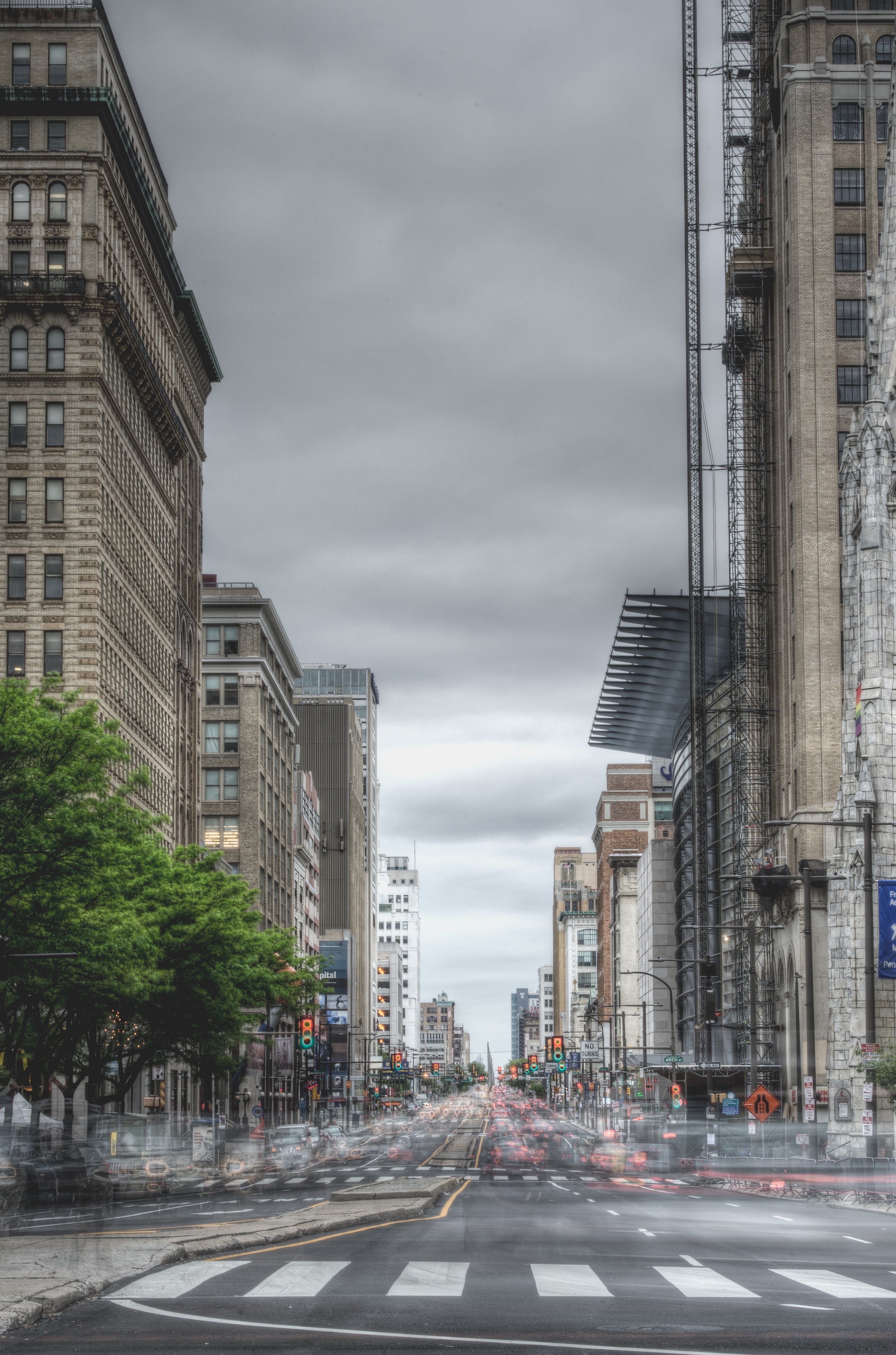 long exposure photo of a city street under gathering clouds in philadelphia, philly clouds 4k, Phone HD Wallpaper