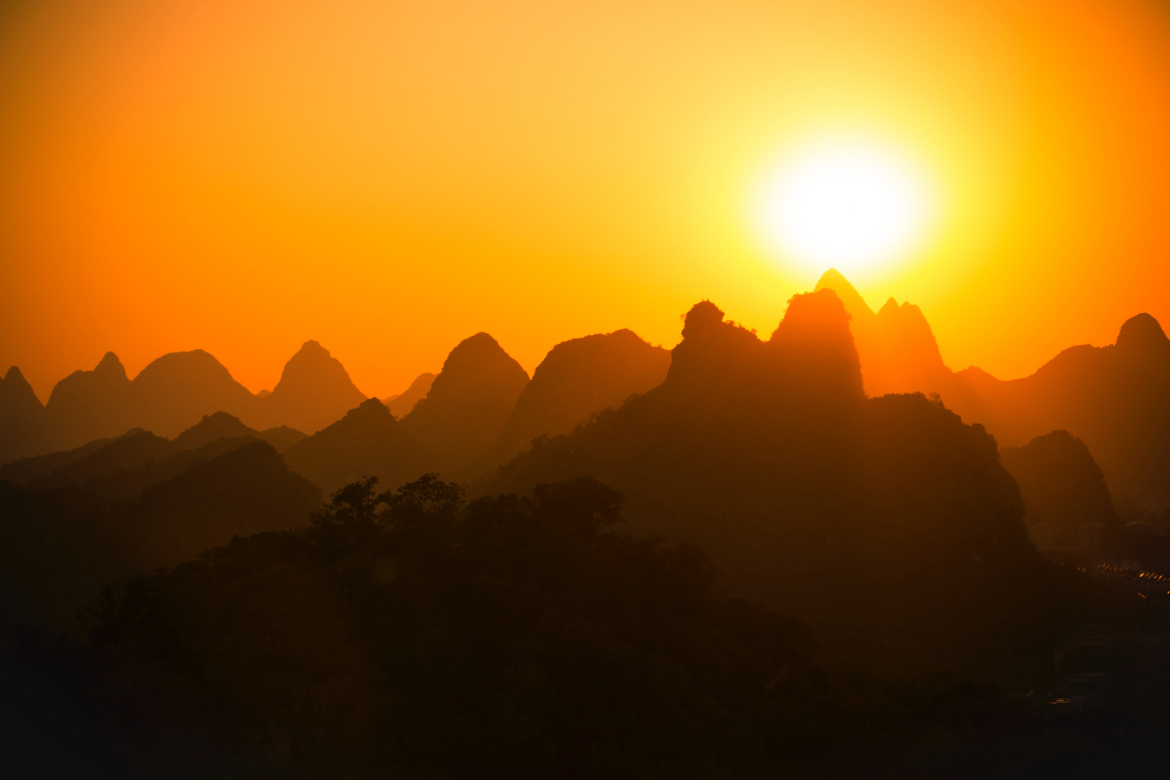 sunset mountain mountain range and sun 4k, HD Wallpaper