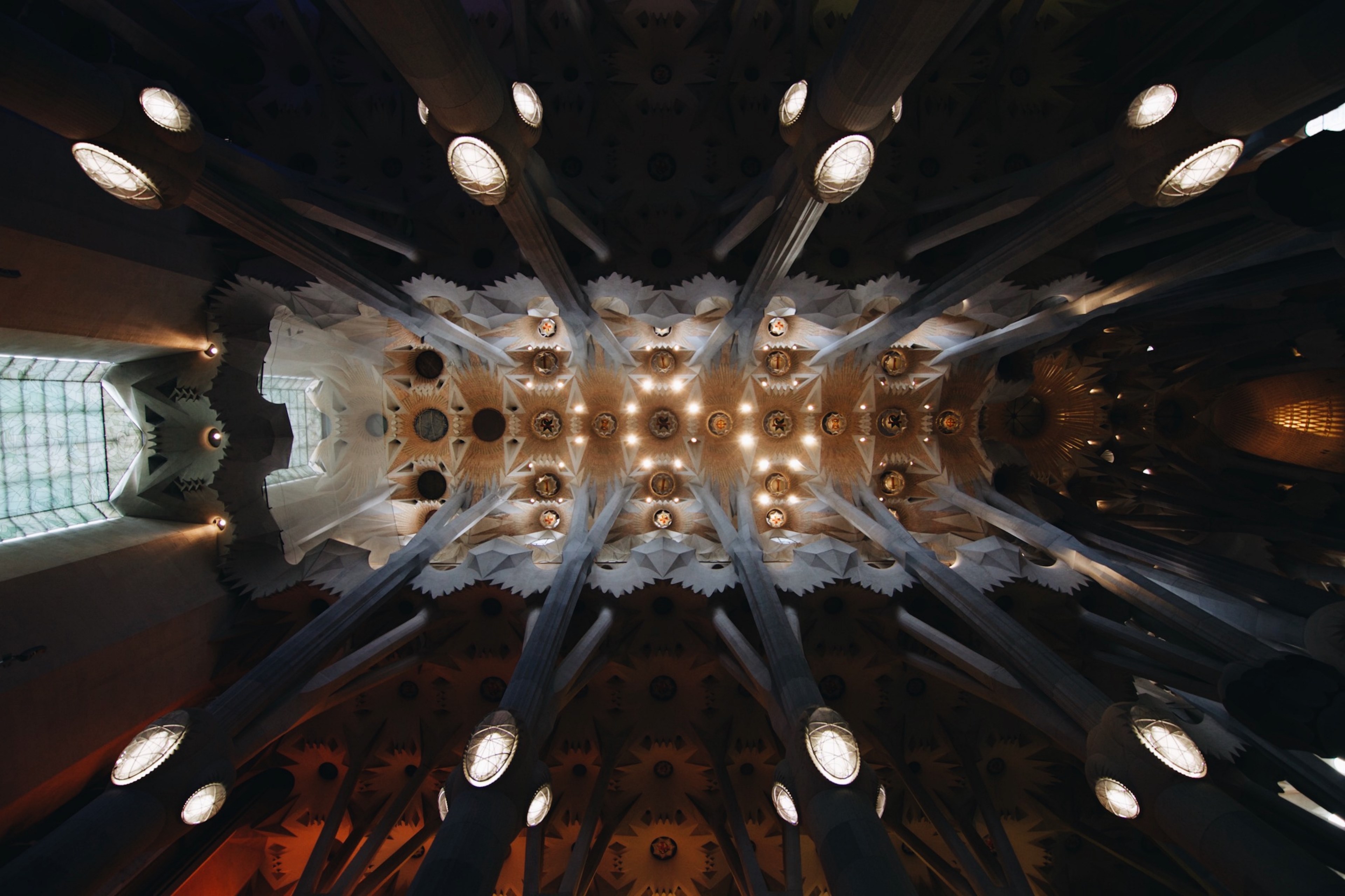 a shot of the sagrada familia church ceiling in barcelona, sagrada familia ceiling 4k, HD Wallpaper