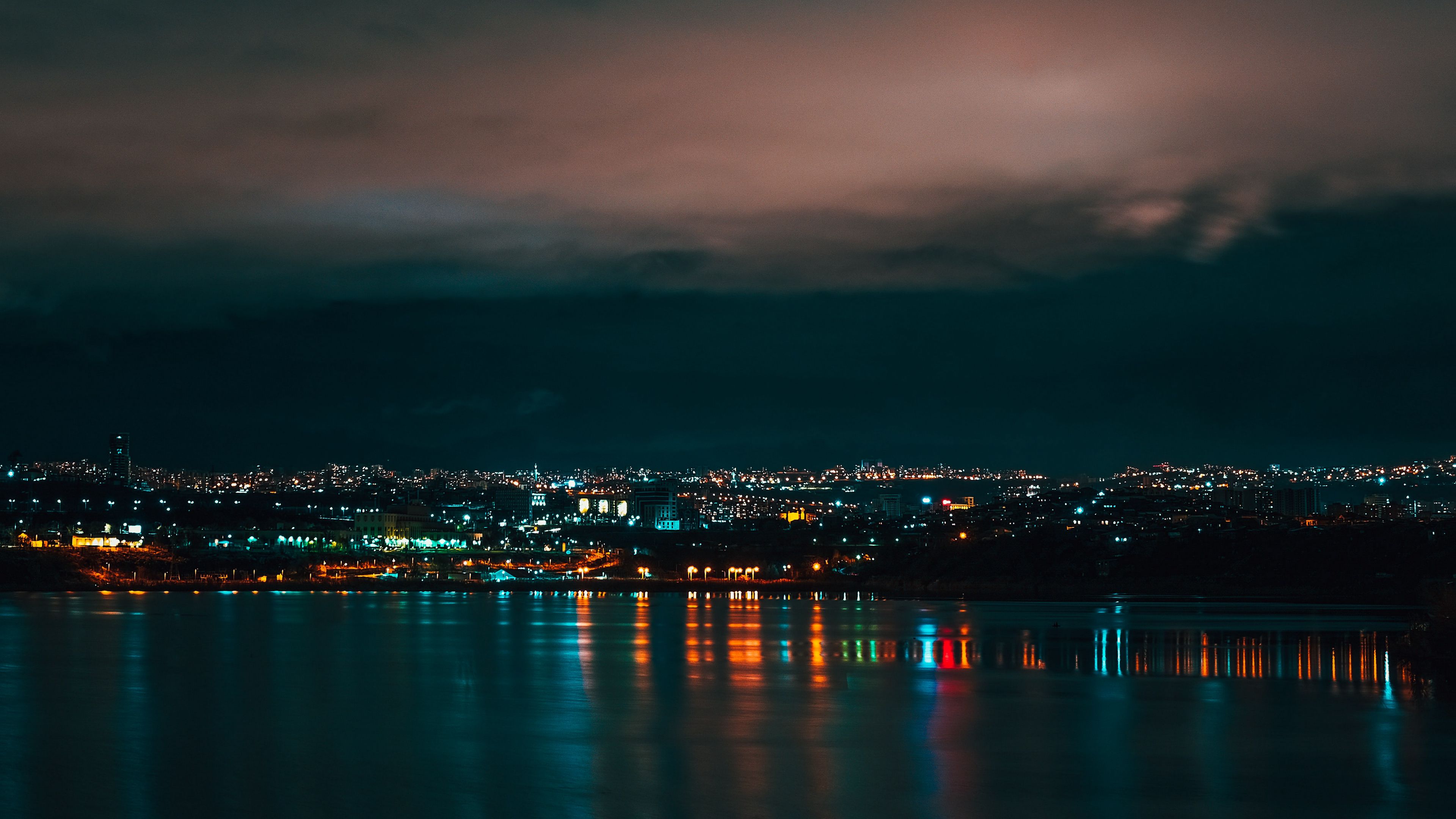 city, river, glow, night, 4k, HD Wallpaper