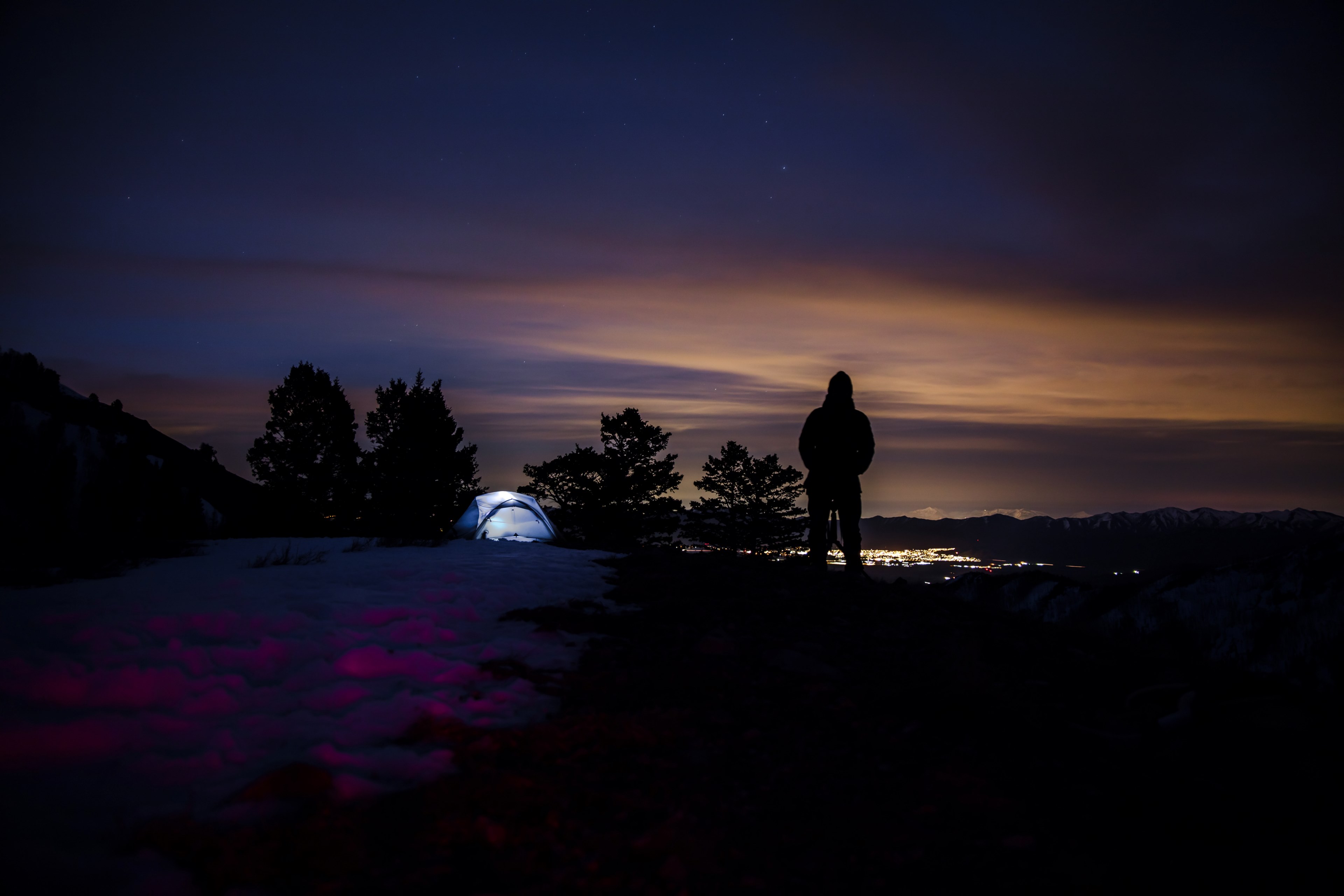 night silhouette camping and tent 4k, HD Wallpaper