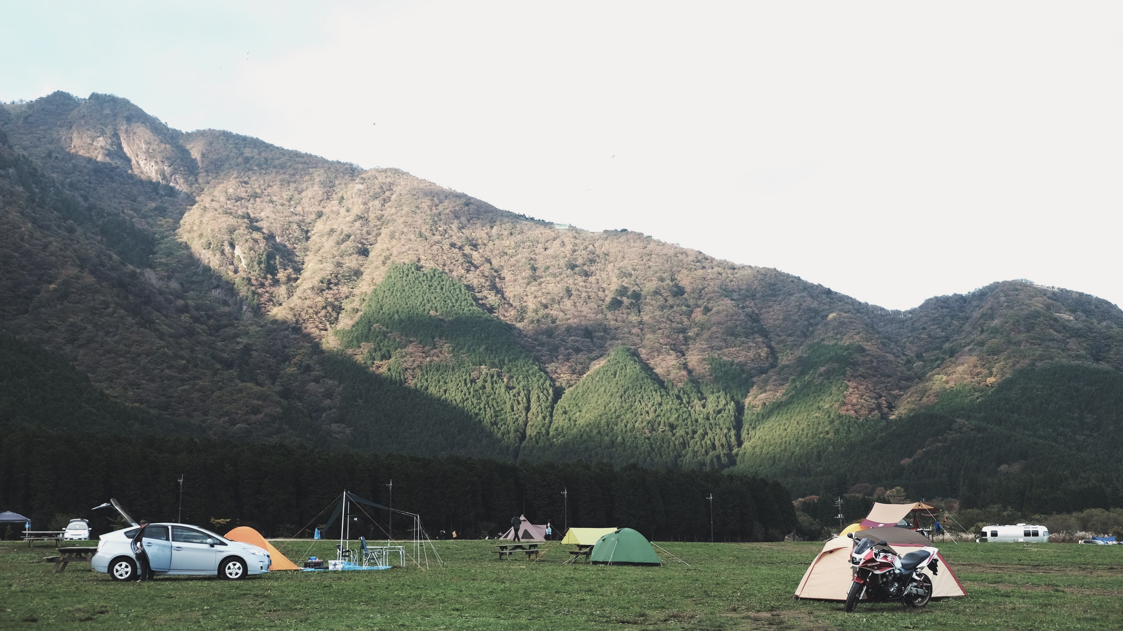 campground with tents and cars in front of a forested mountain, campground with cars and tents 4k, HD Wallpaper