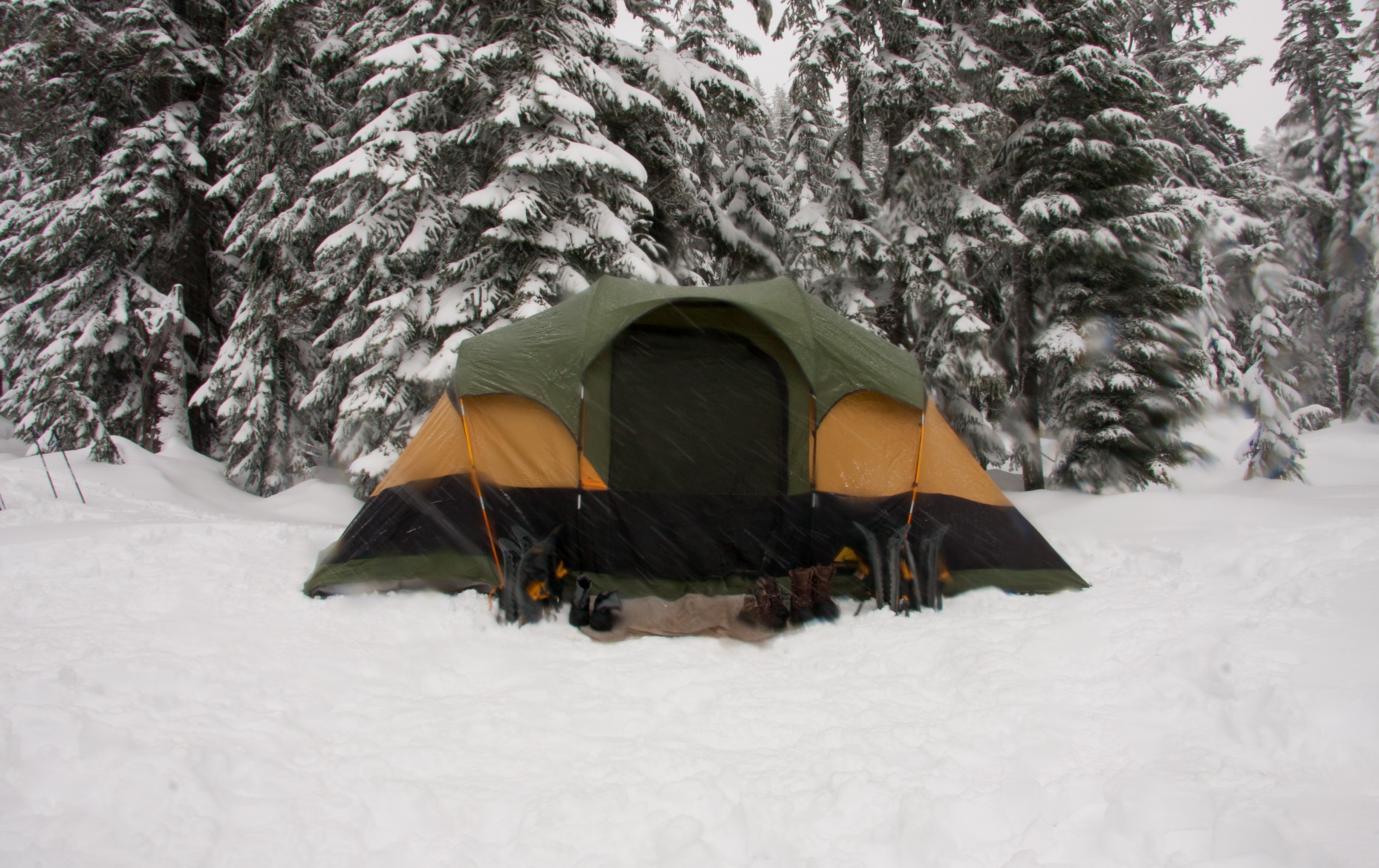 a green and orange tent for camping in the snow at stevens pass washington, a tent in the snow at stevens pass 4k, HD Wallpaper