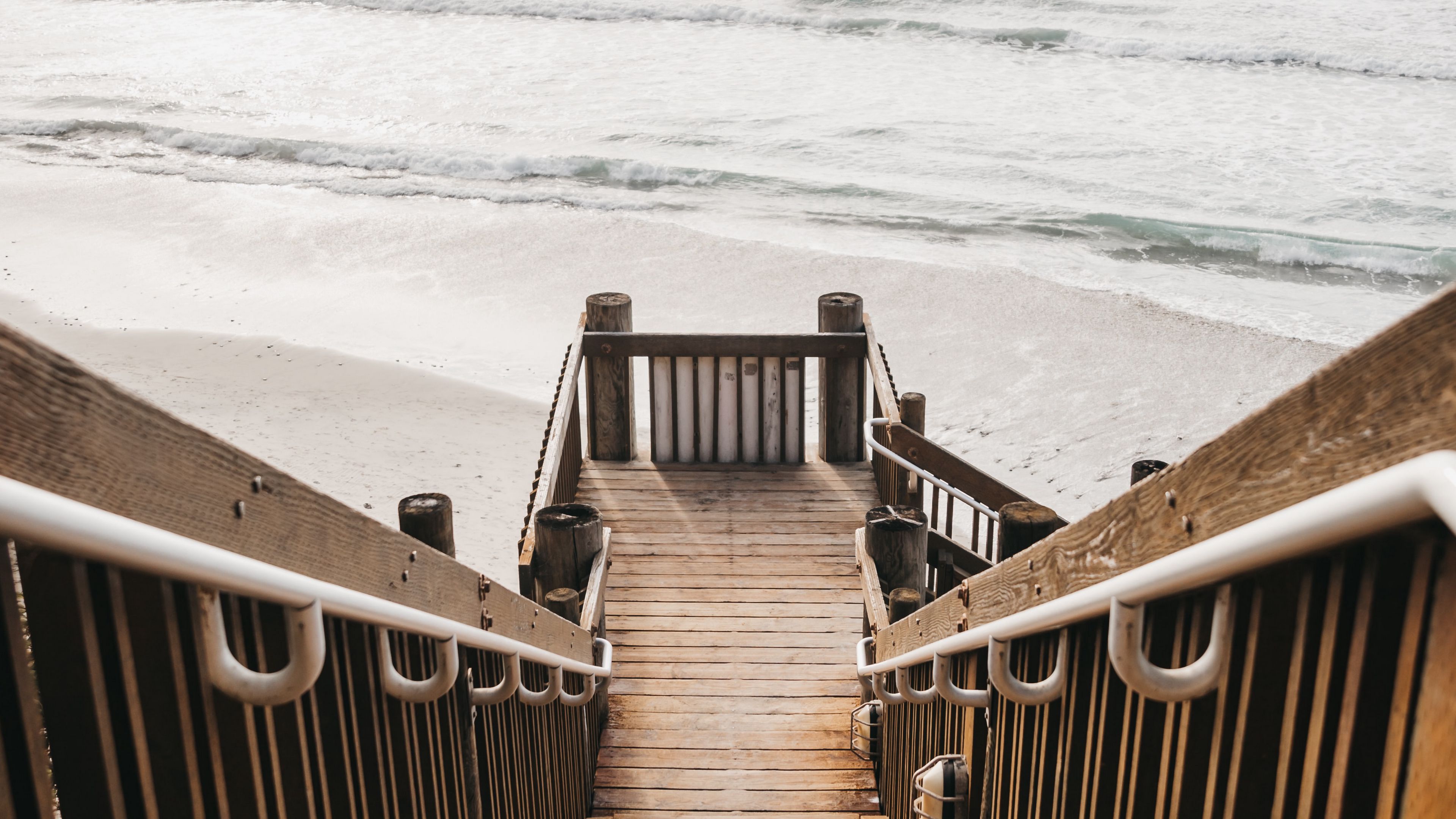 stairs, beach, sea, 4k, HD Wallpaper
