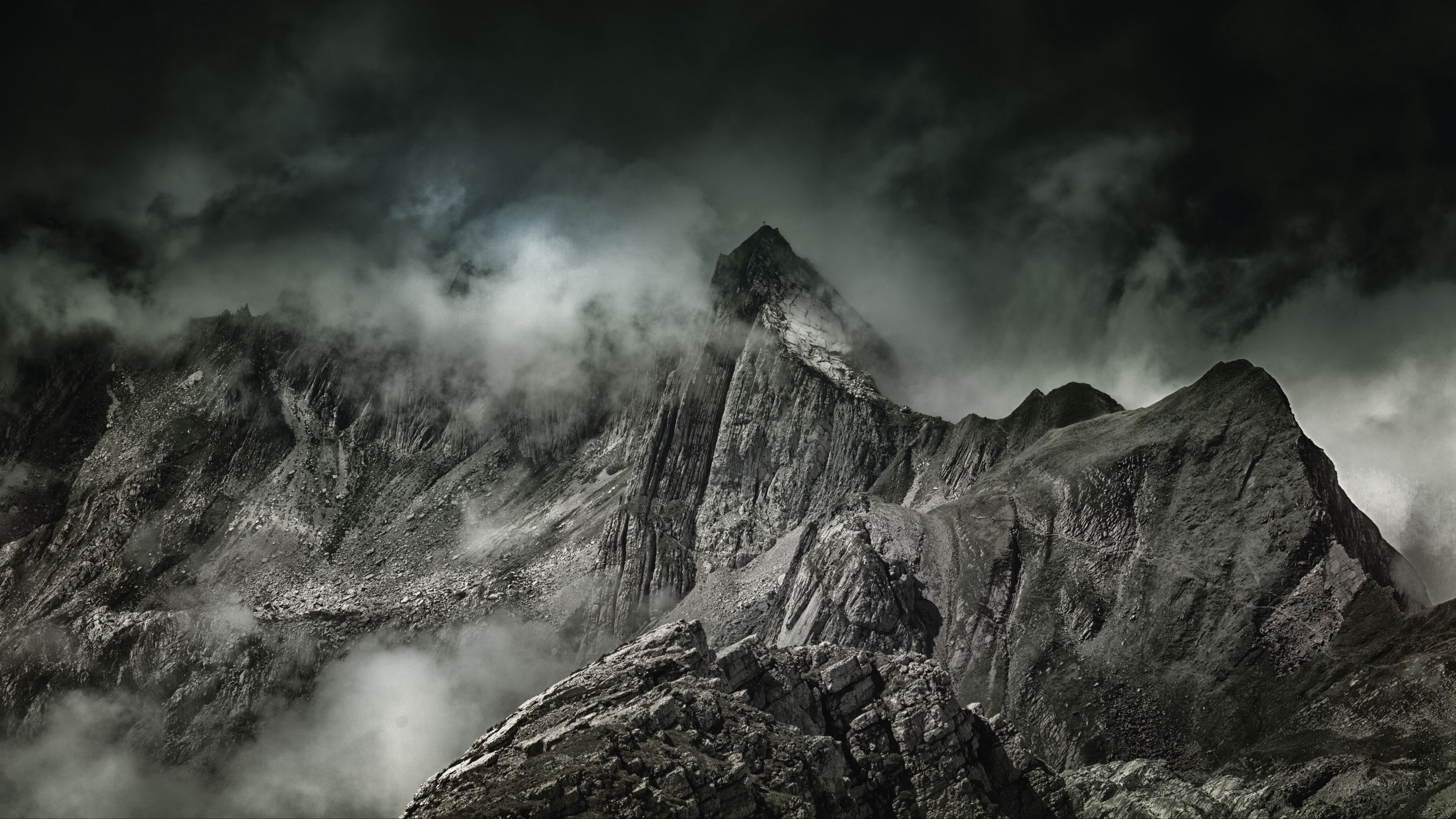 mountains, fog, summit, 4k, HD Wallpaper