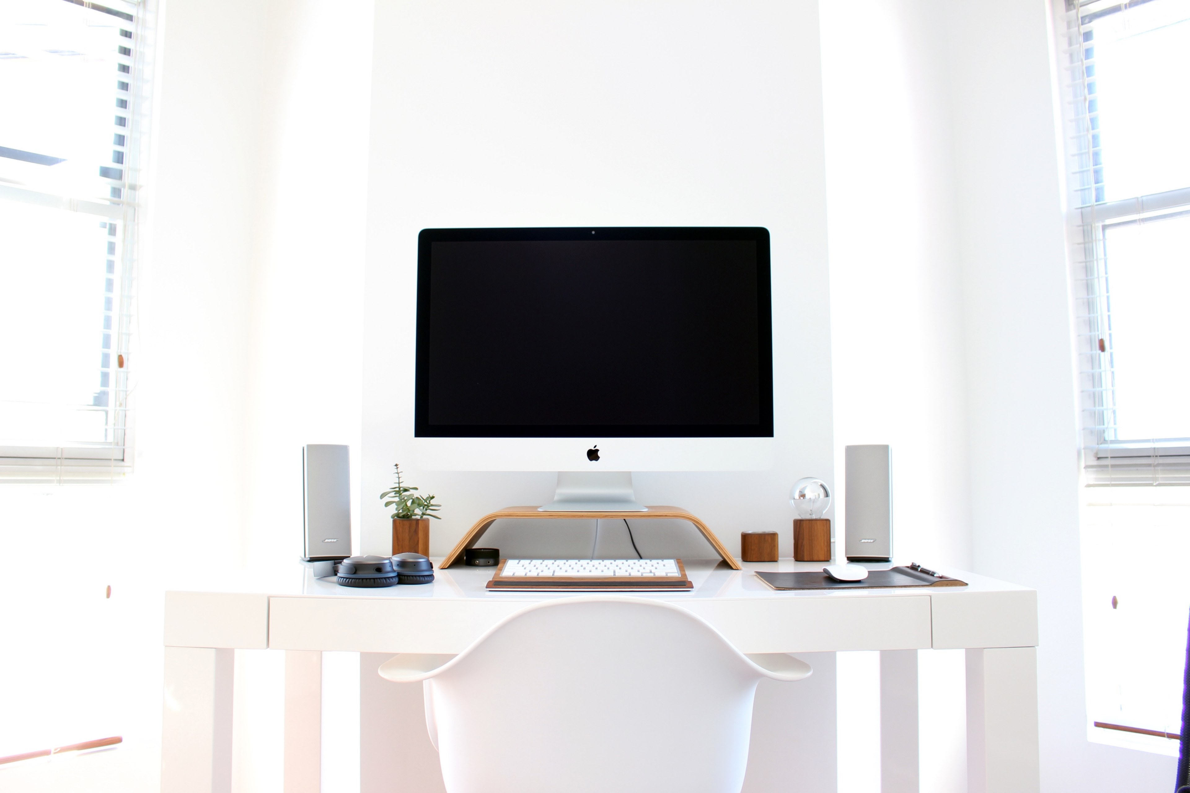 an orderly computer workspace with an imac, the work station 4k, HD Wallpaper