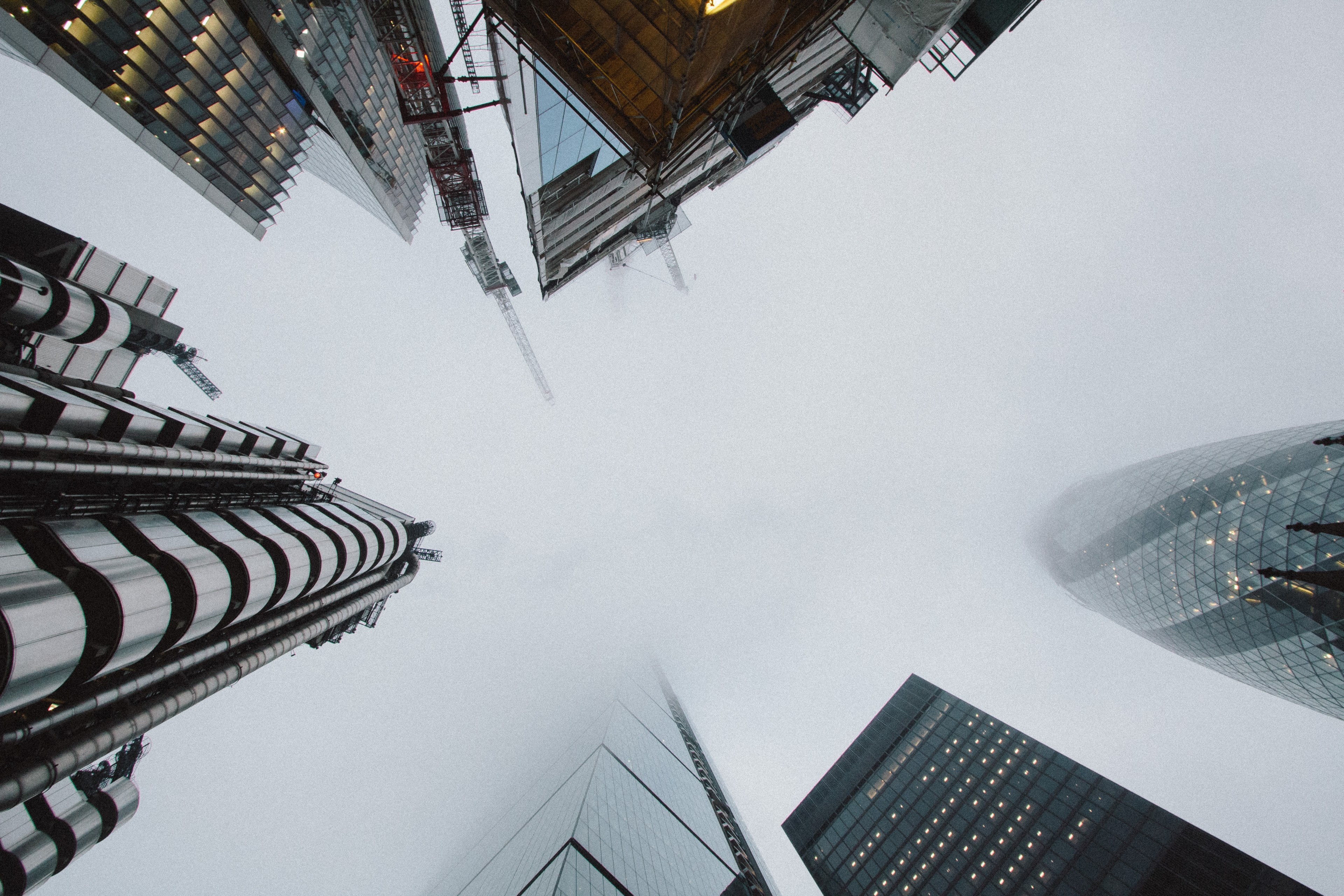 skyscrapers rising towards the foggy sky in london, foggy london skyscrapers 4k, HD Wallpaper