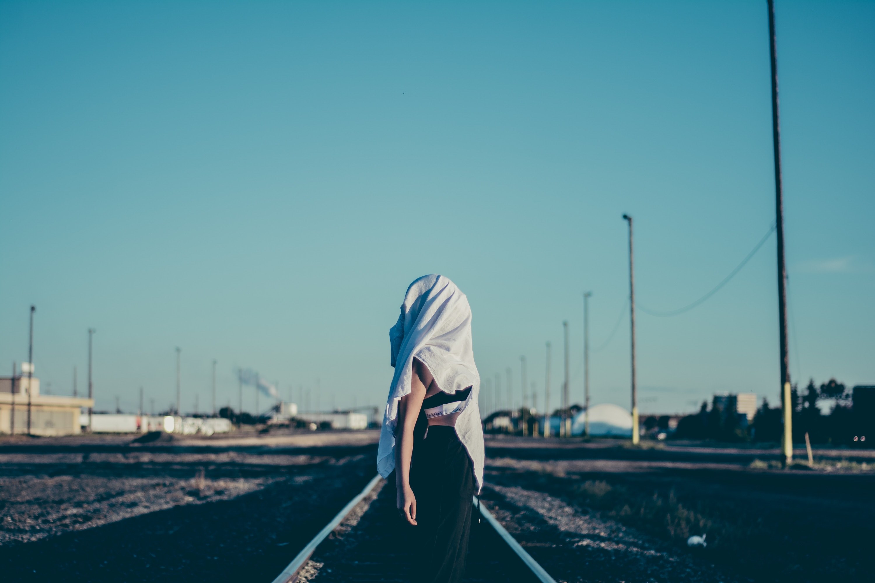 girl standing on railway tracks in edmonton with her head covered with a white sheet, girl standing on railway tracks 4k, HD Wallpaper
