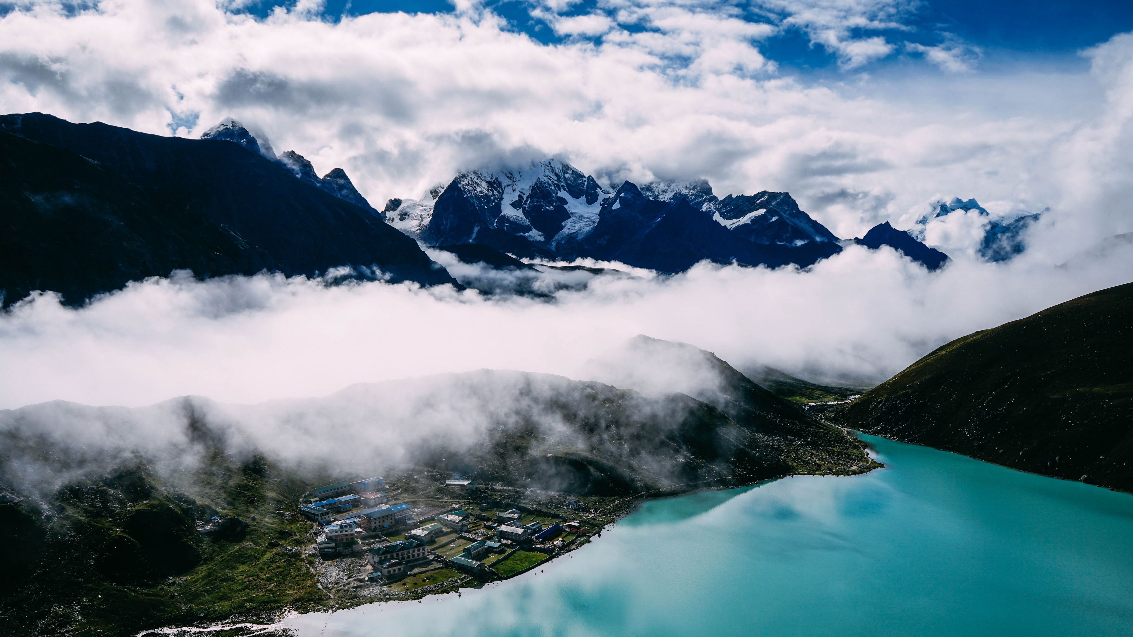 mountains, fog, lake, 4k, HD Wallpaper