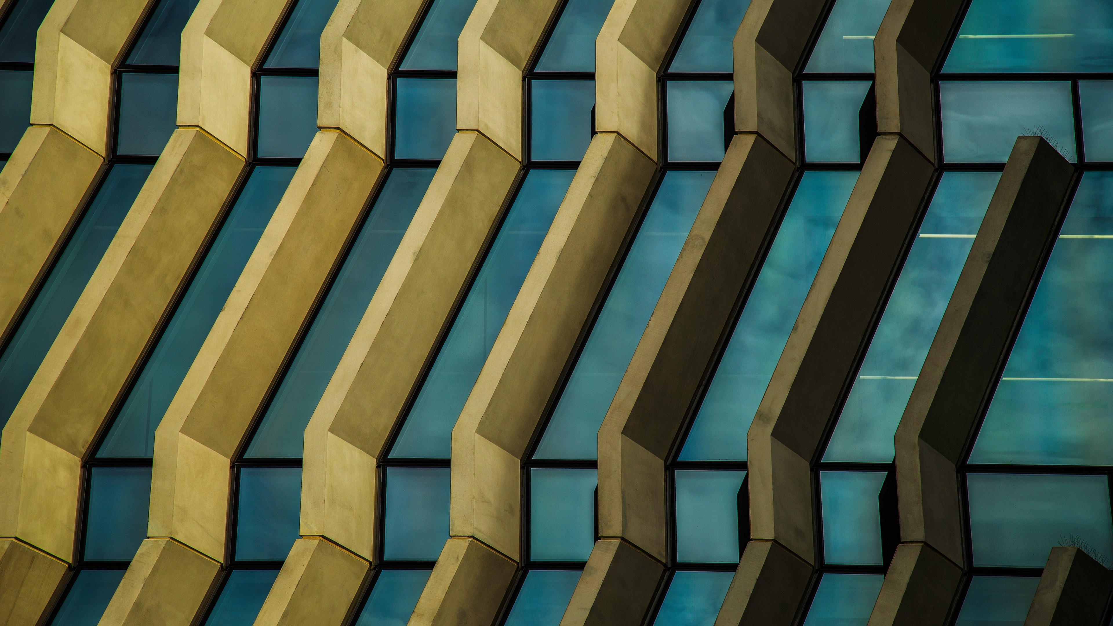 yellow ribs in a blue building facade, yellow and blue architecture 4k, HD Wallpaper