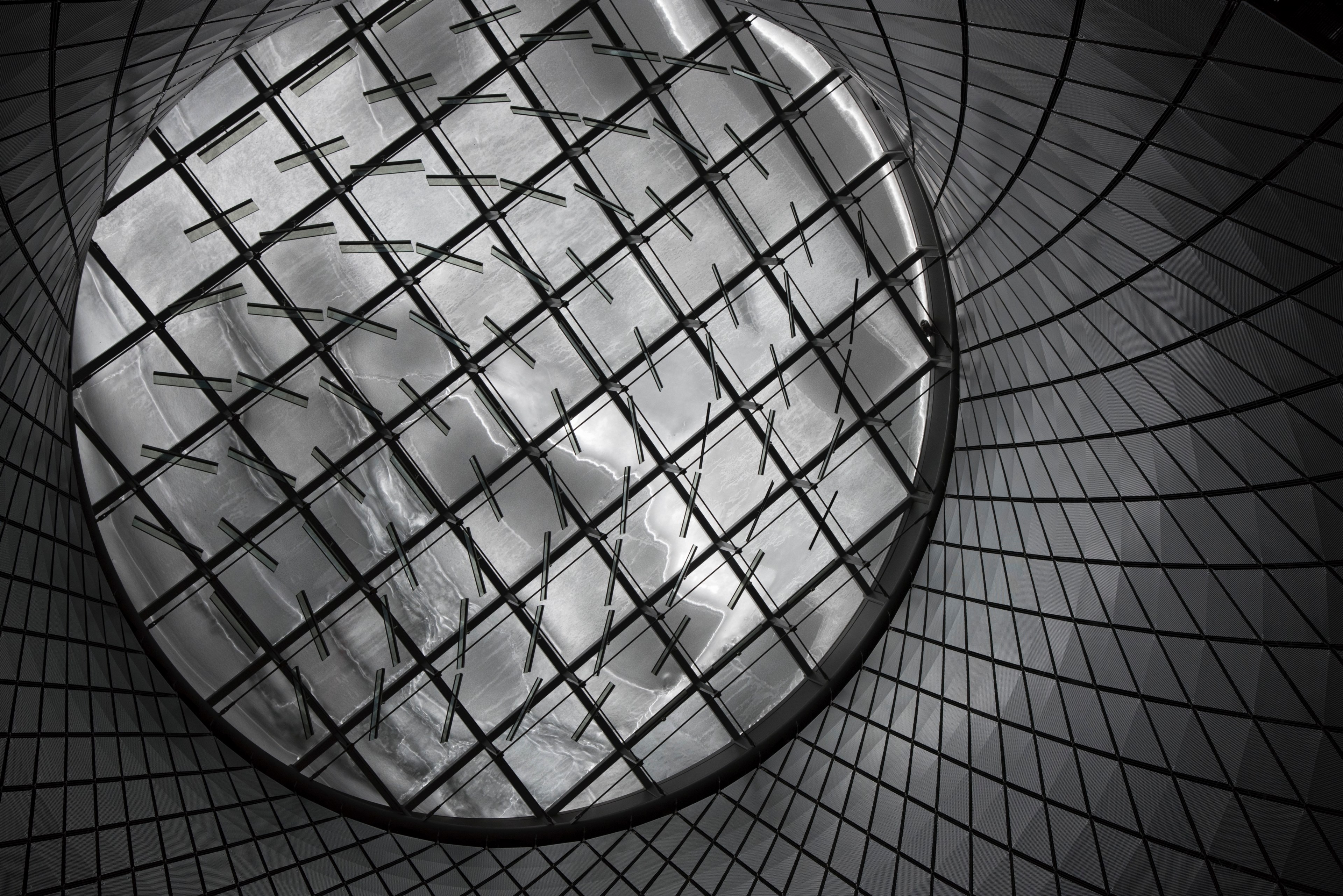 black and white shot of glass dome with modern criss cross architecture, glass dome with criss cross 4k, HD Wallpaper