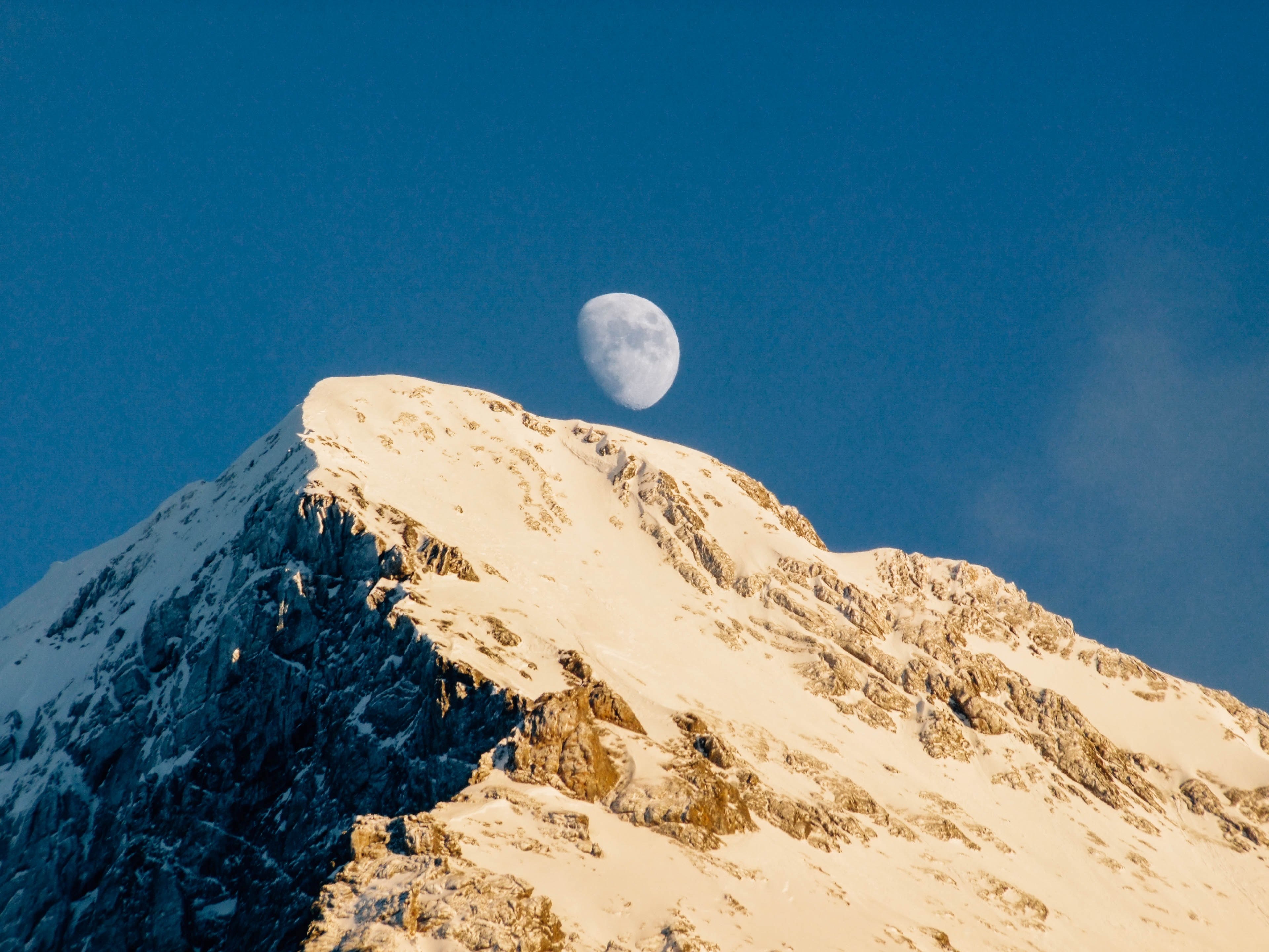 half moon over a snowy mountain peak at grindelwald, moon over peak at grindelwald 4k, HD Wallpaper