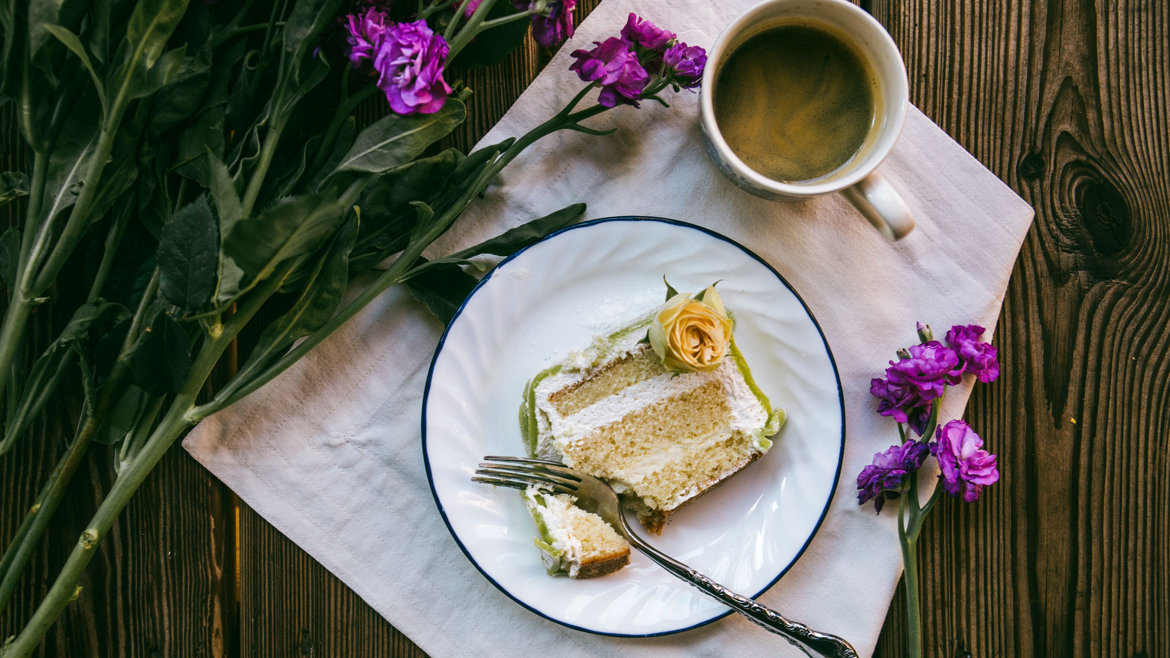 cake, coffee, flowers, 4k, HD Wallpaper