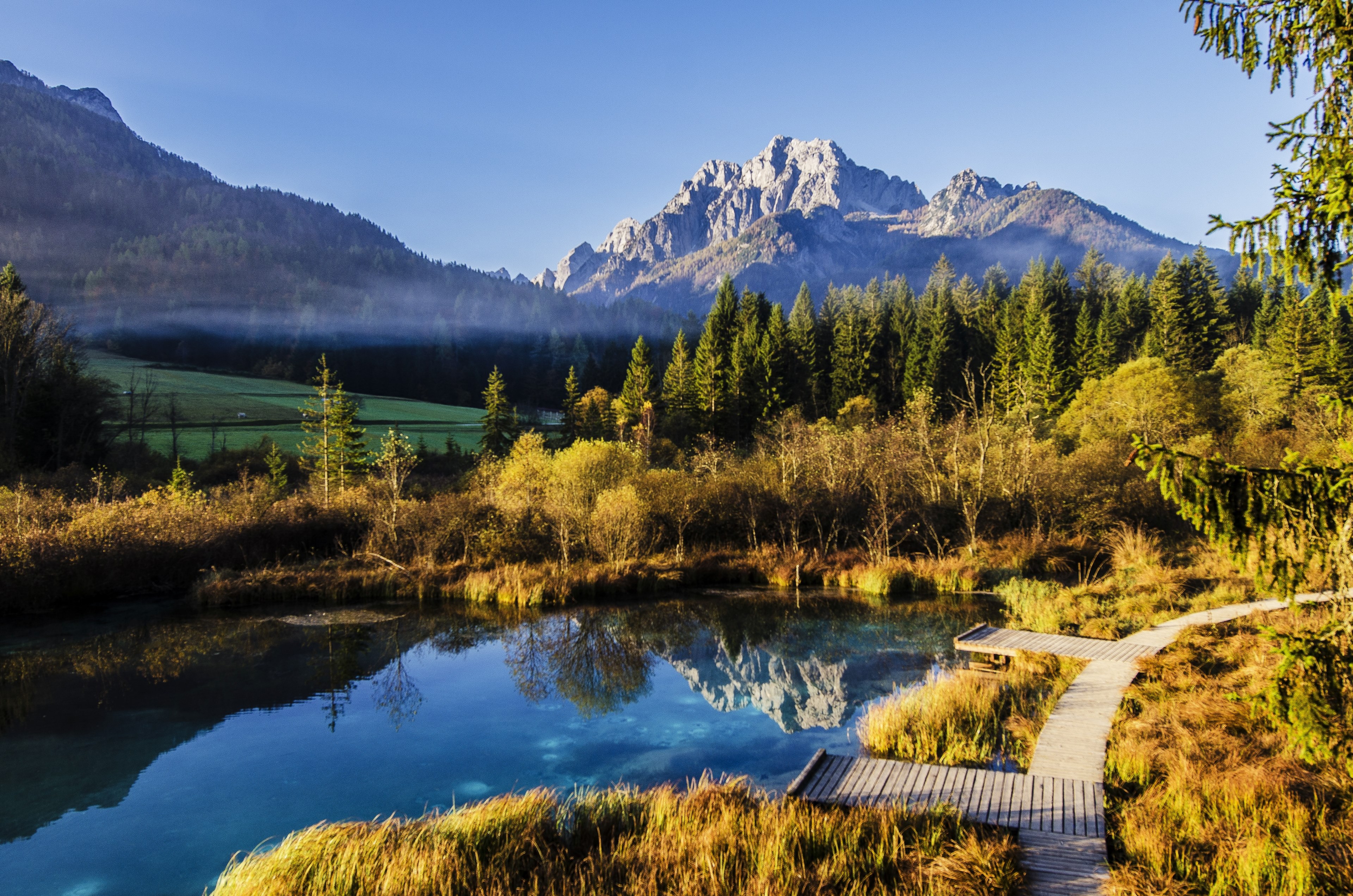 a picturesque valley with a pond vivid yellow green foliage and mountains in the distance, yellow and green mountain valley 4k, HD Wallpaper