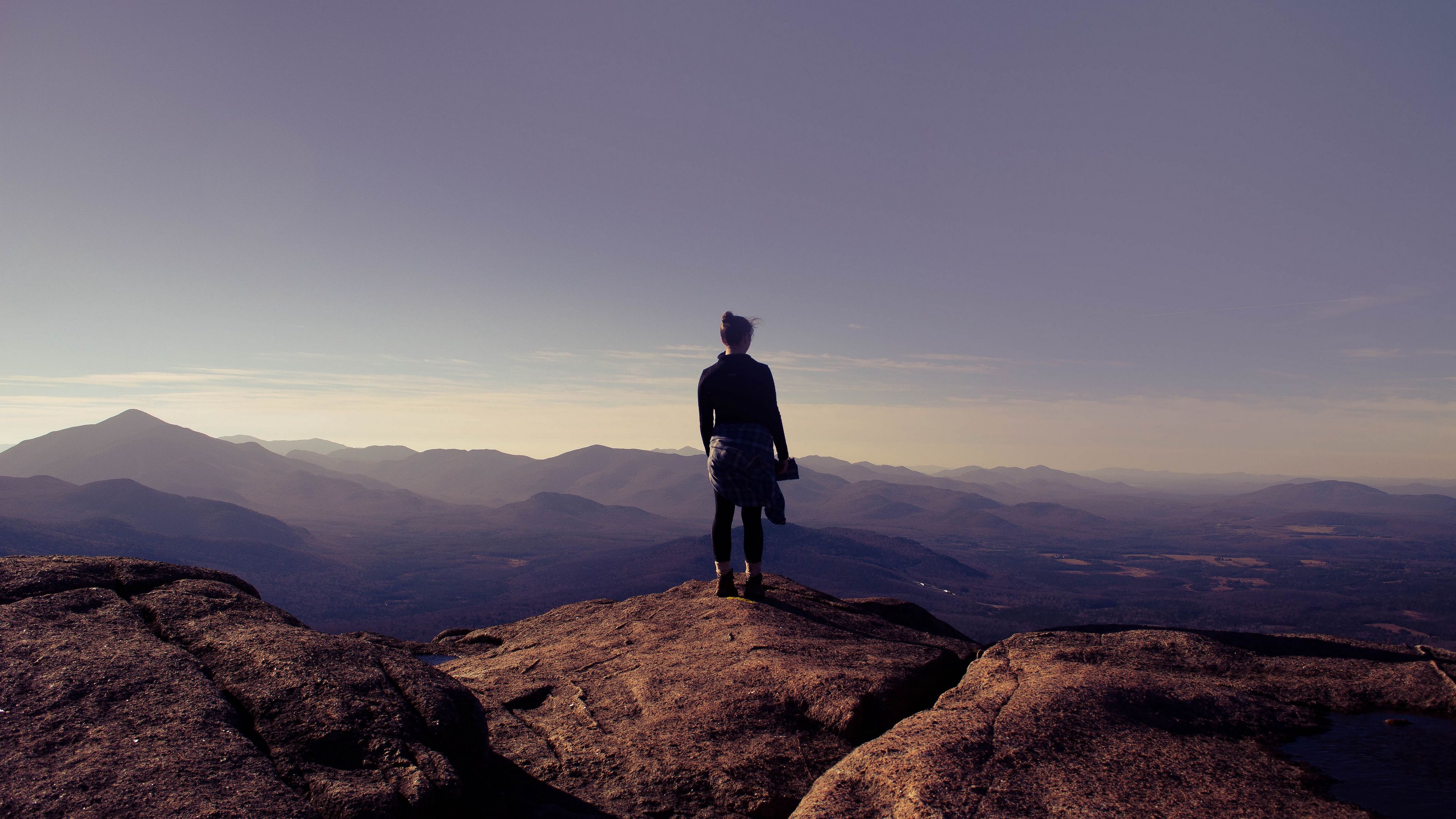girl, mountains, hill, sky, 4k, HD Wallpaper