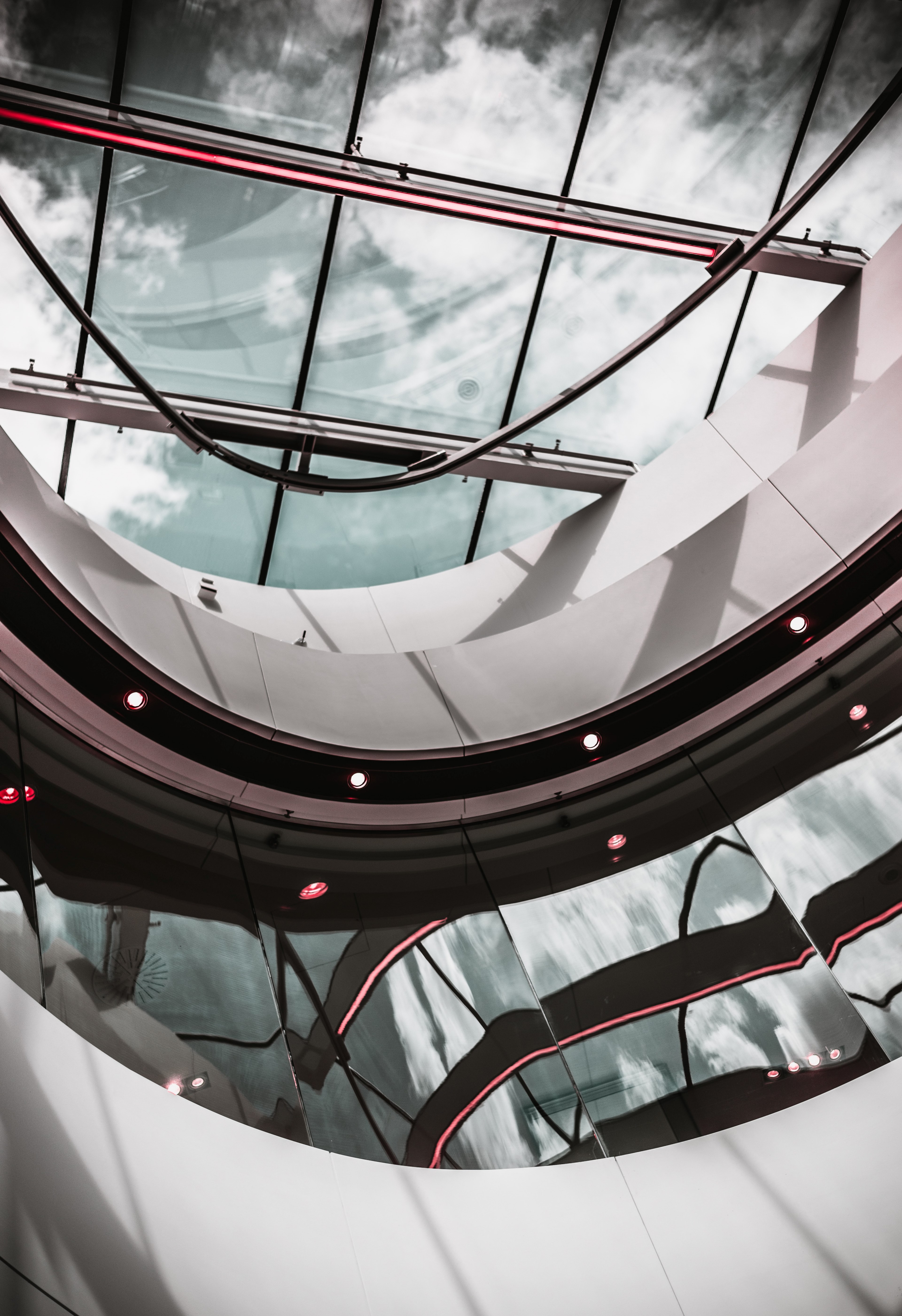 clouds in the sky seen through the glass roof of a modern building, modern glass roof 4k, Phone HD Wallpaper